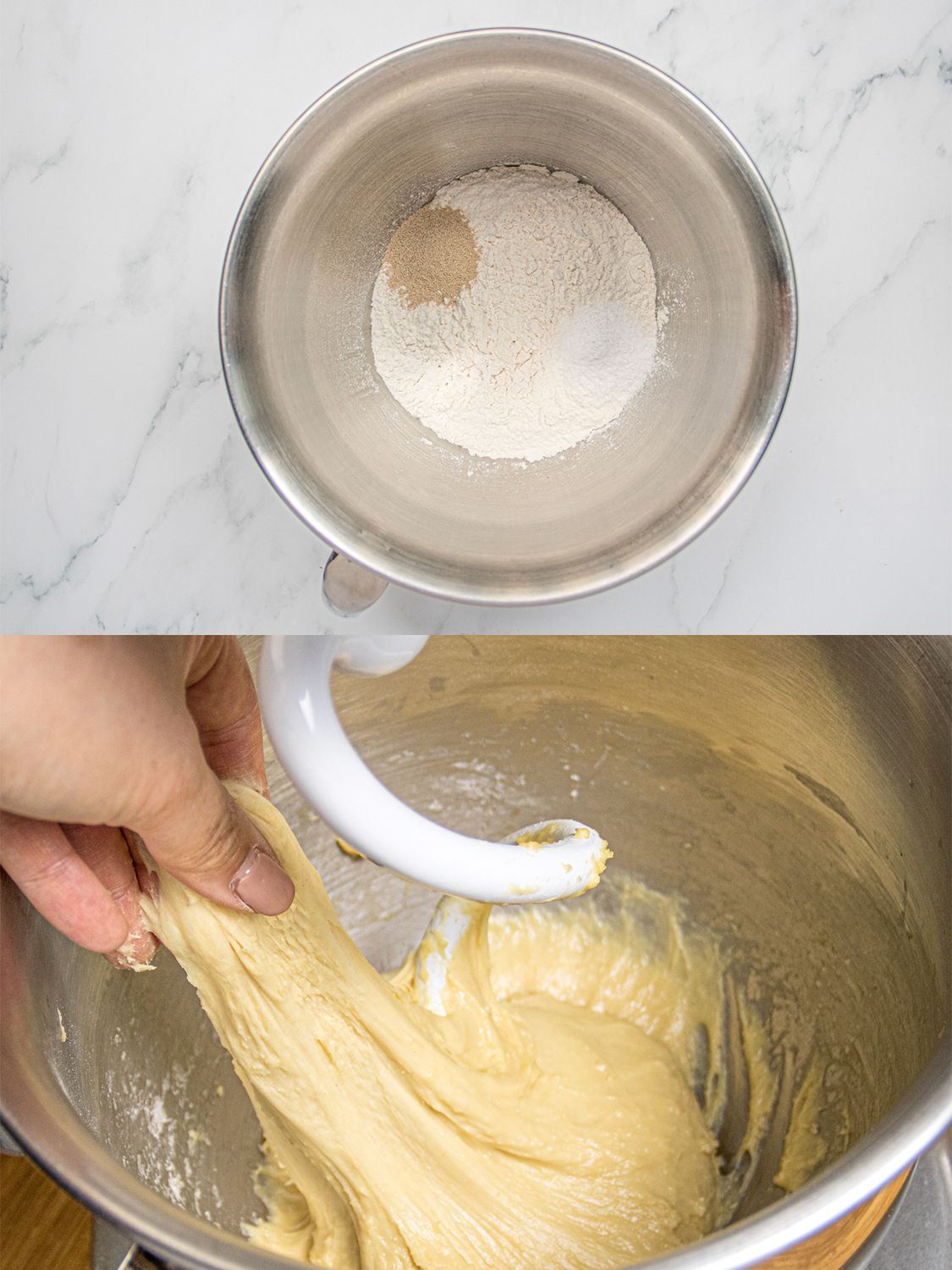 Two Image collage. Top: dry ingredients for brioche dough. Bottom: Dough in stand mixer, with hand pulling a piece showing off elasticity