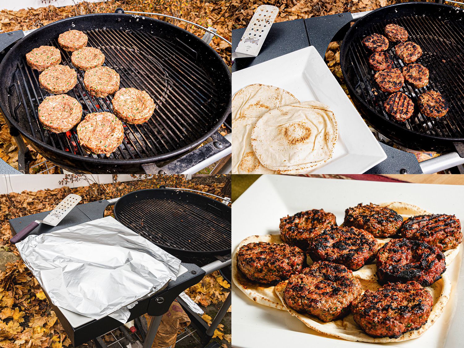 Four image collage showing raw losh kebabs places on the grilled, losh kebabs cooking on the grill, losh kebabs tented with aluminum, finished losh kebabs on a plate with pita