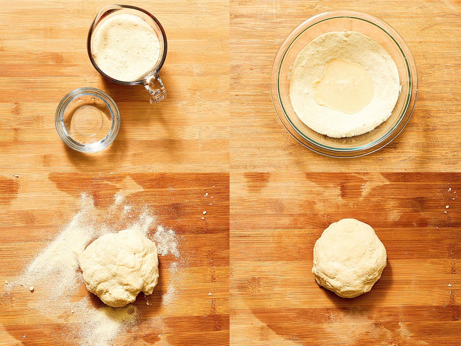 Four image collage of water next to flour, water added to a well in center of flour, a loose dough formed, and a more cohesive dough formed.
