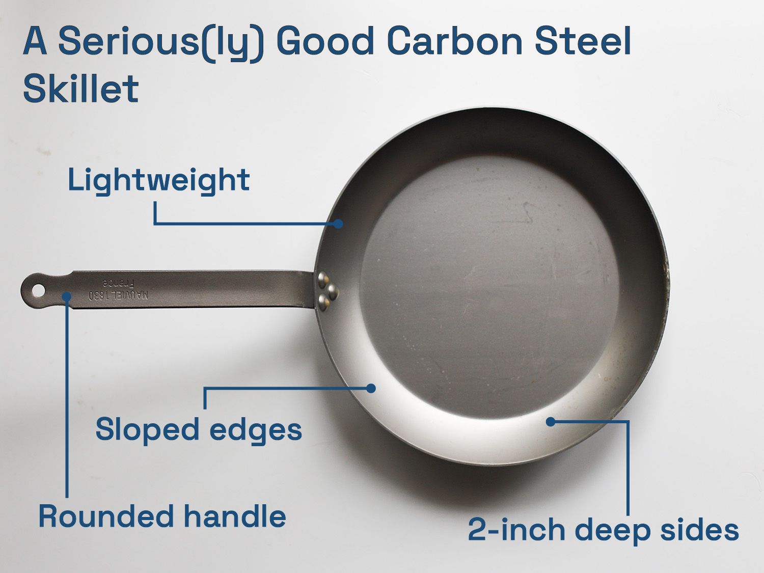 a seriously good carbon steel skillet: lightweight, sloped edges, rounded handle, 2-inch deep sides.