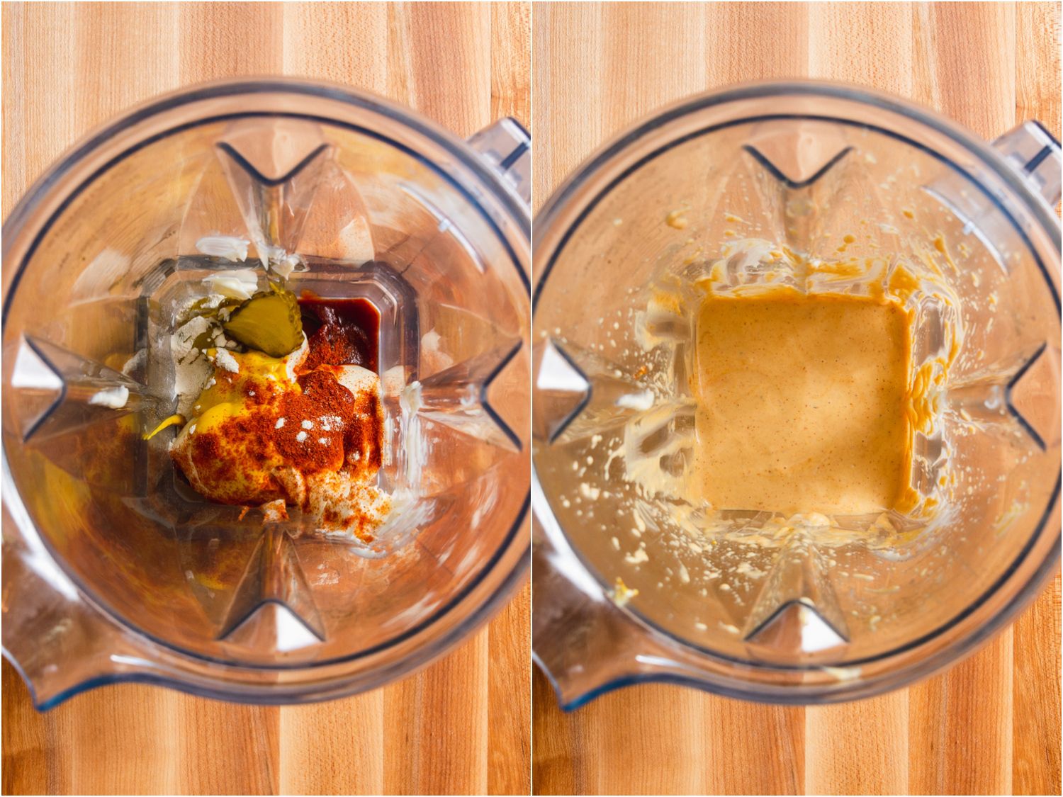 A two-image collage. The left image shows the Shack Sauce ingredients in the bowl of a blender, not yet combined, and the right image shows the blended sauce.
