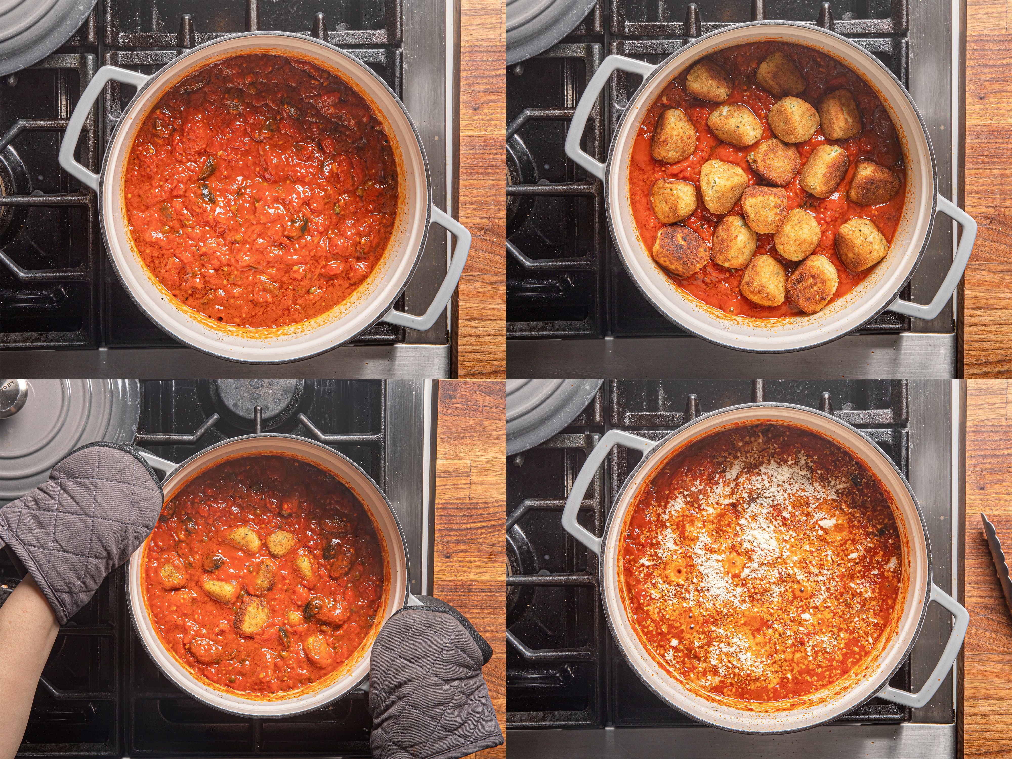 Four image collage of sauce, ricotta balls being added, pot being shaken, and cheese being added.