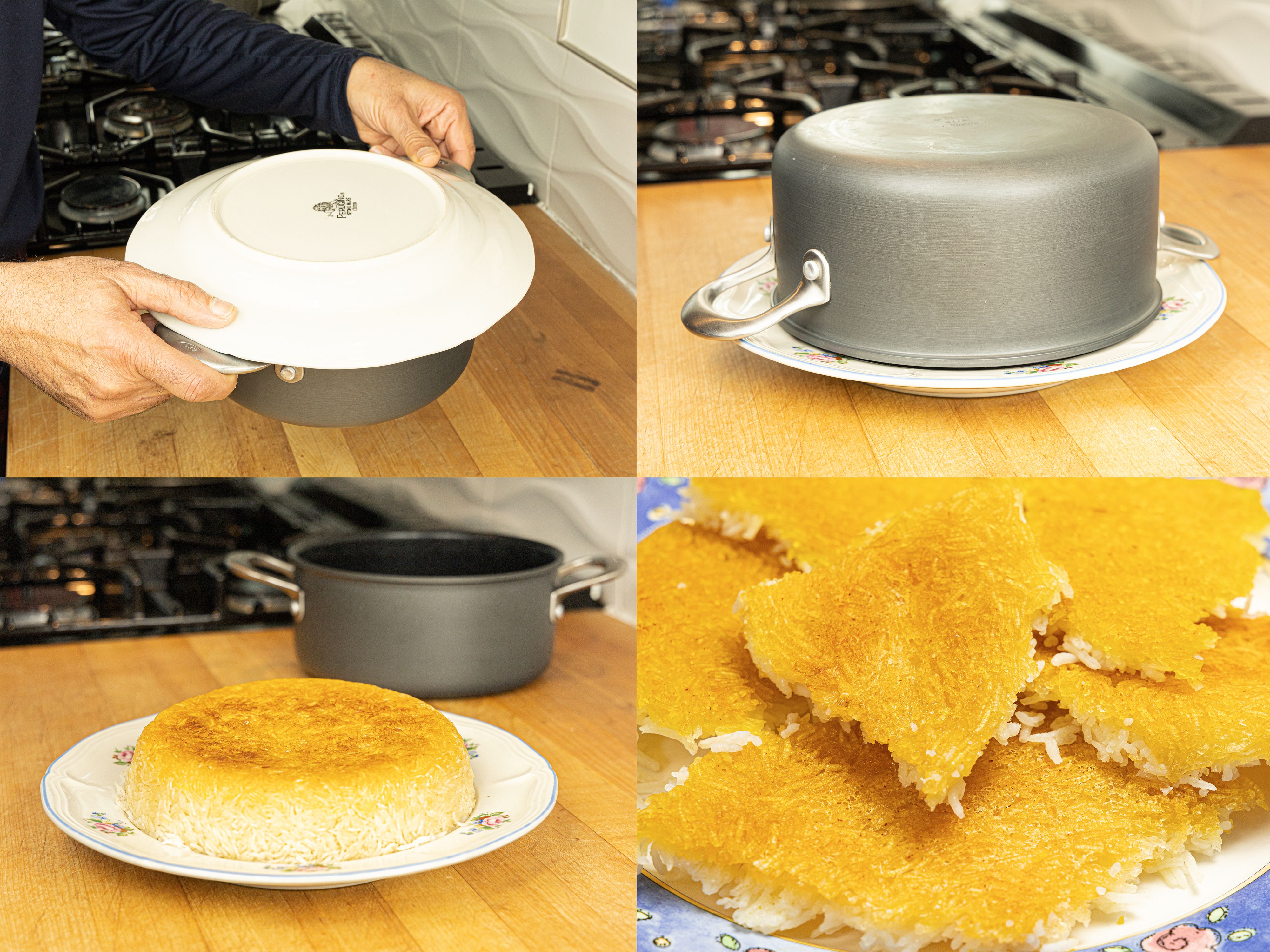 Four image collage showing the steps of placing a plate over the pot of rice, inverting the pot and plate, pot removed from plate and close up of tahdig on plate