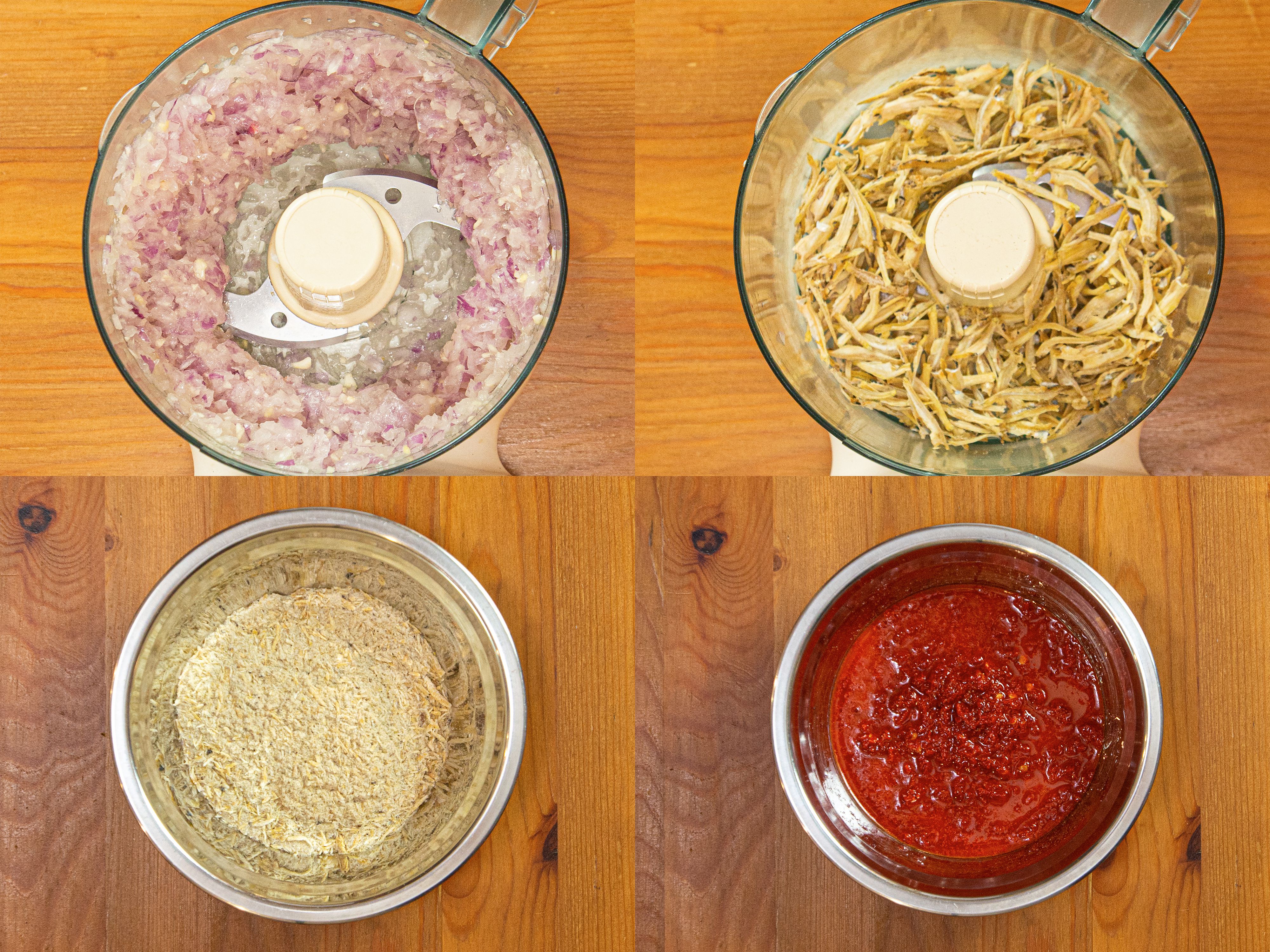 Four image collage of onion processed in a food processor, ikon billis before and after being processed, and chile paste in a bowl