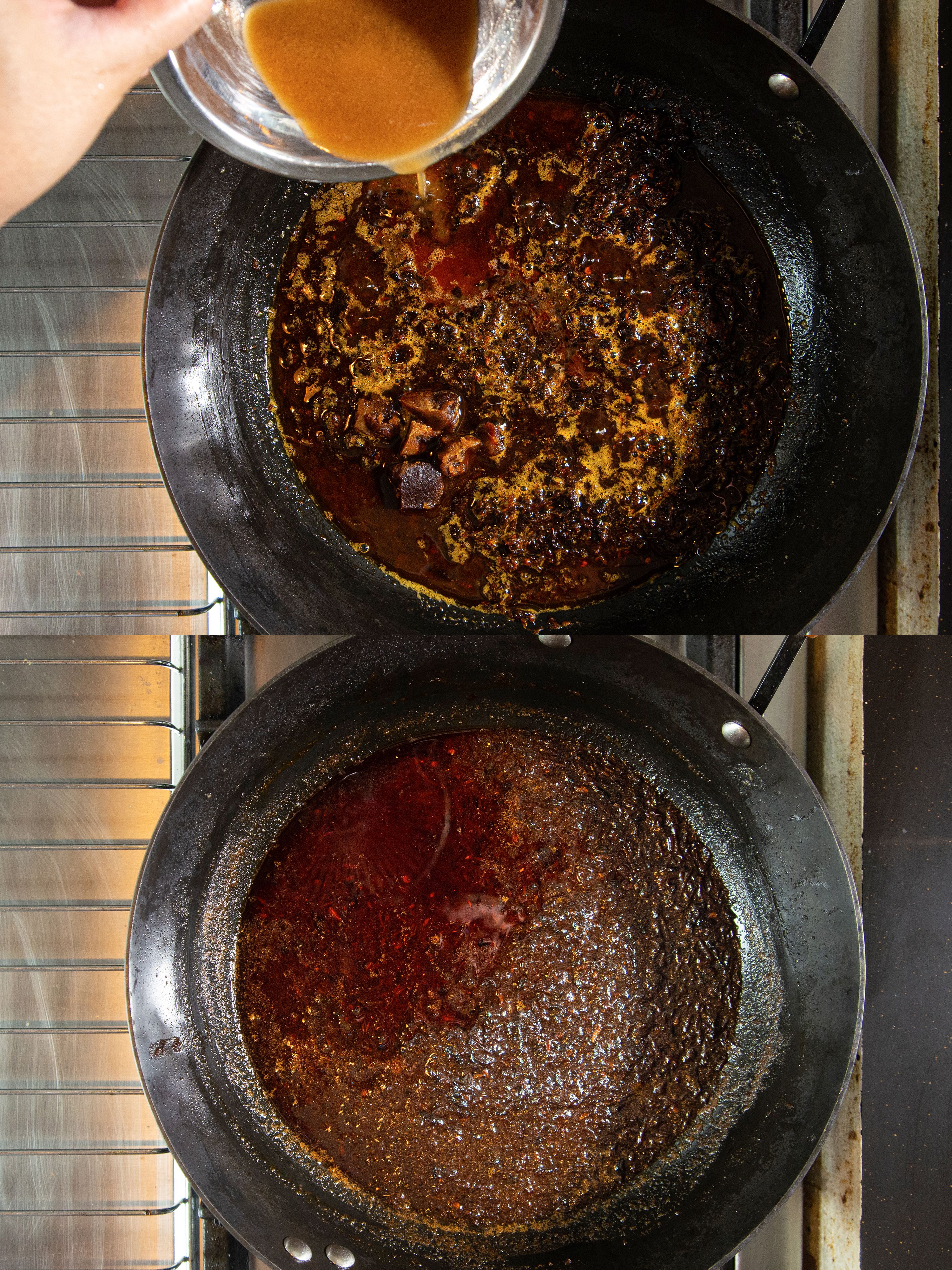 Two image collage of adding remaining ingredients to the wok and after oil has seperated