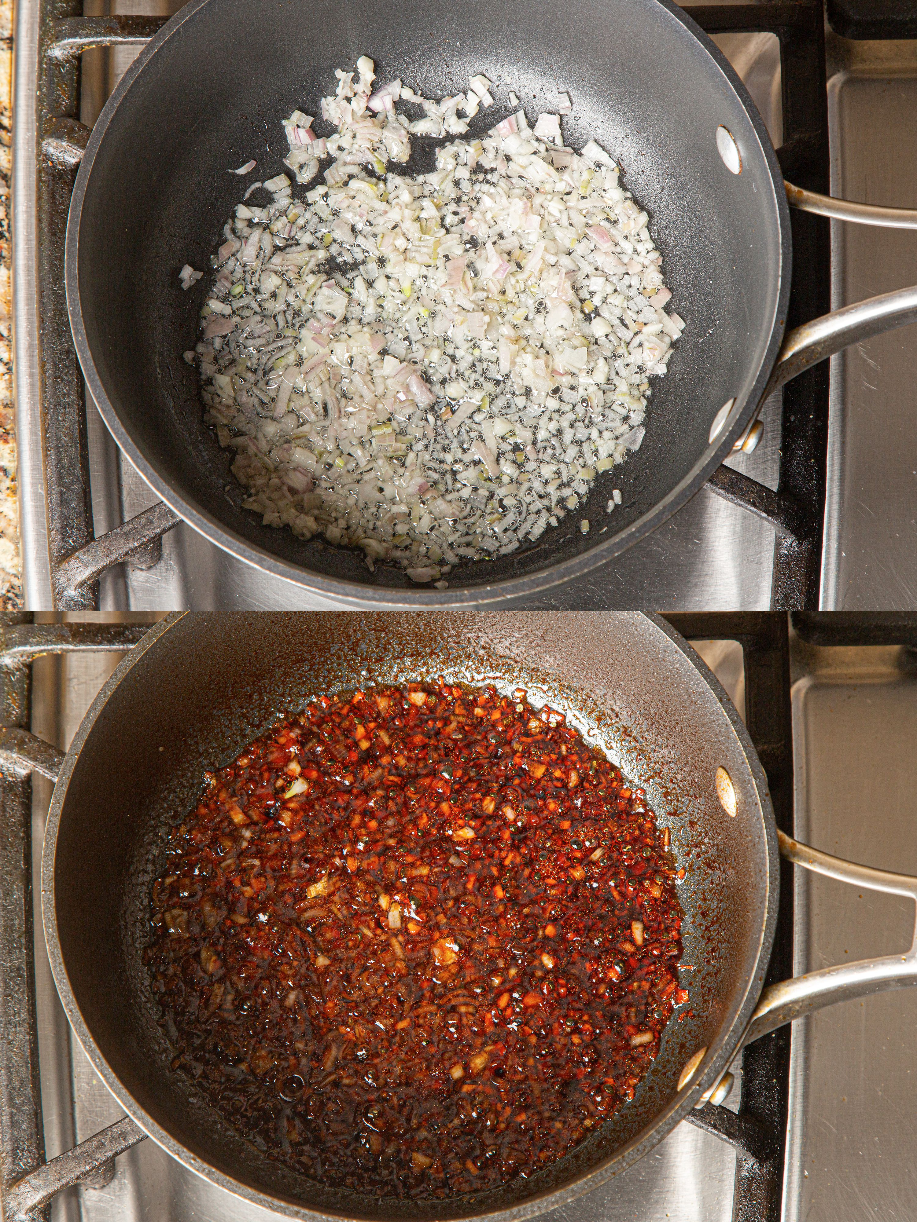 Two image collage of overhead view of onions and garlic in pan before and after fish sauce and caramel has been added. .