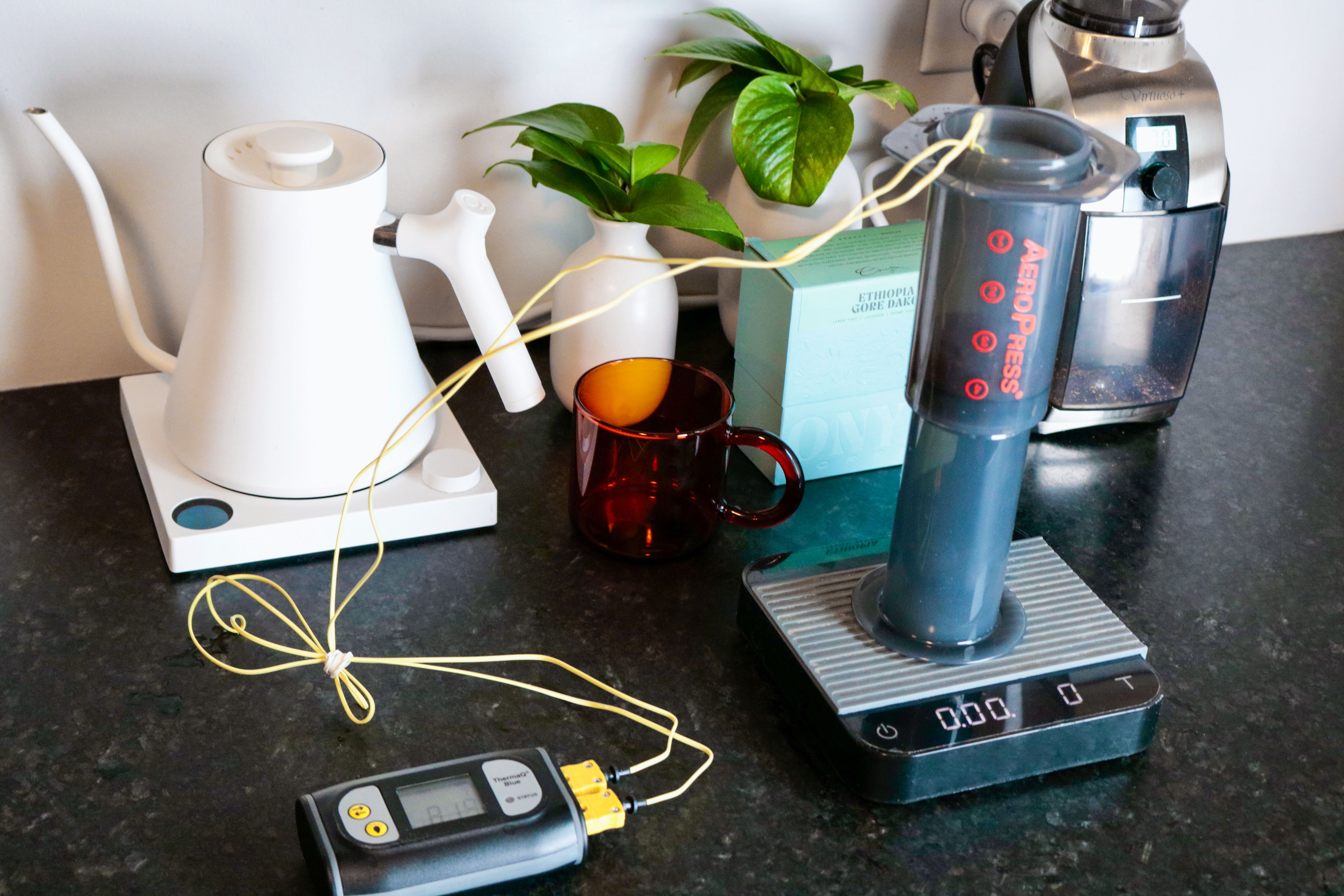 aeropress on scale with thermometer inside measuring temperature