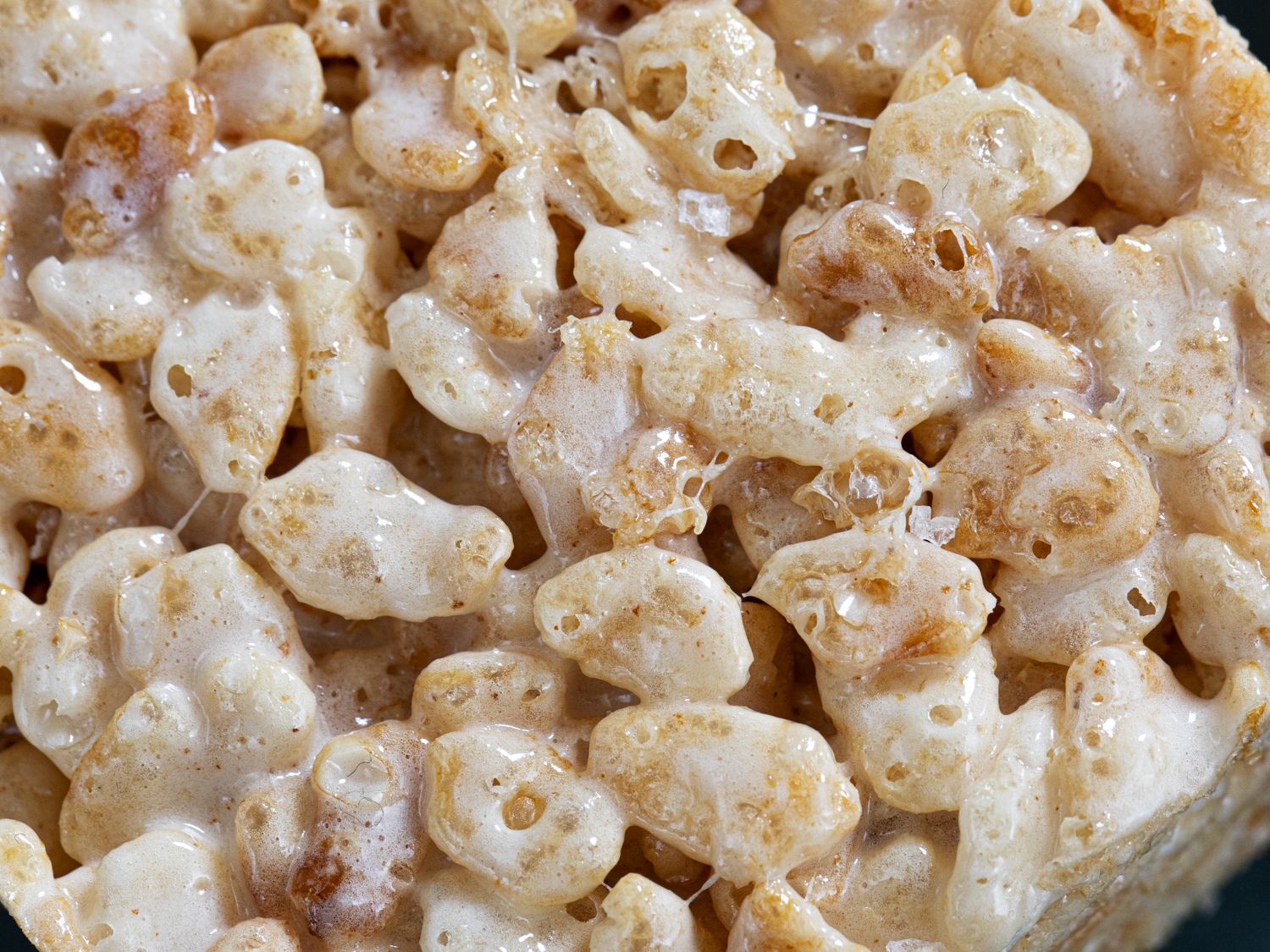 Overhead view of rice krispie treat with salt on it