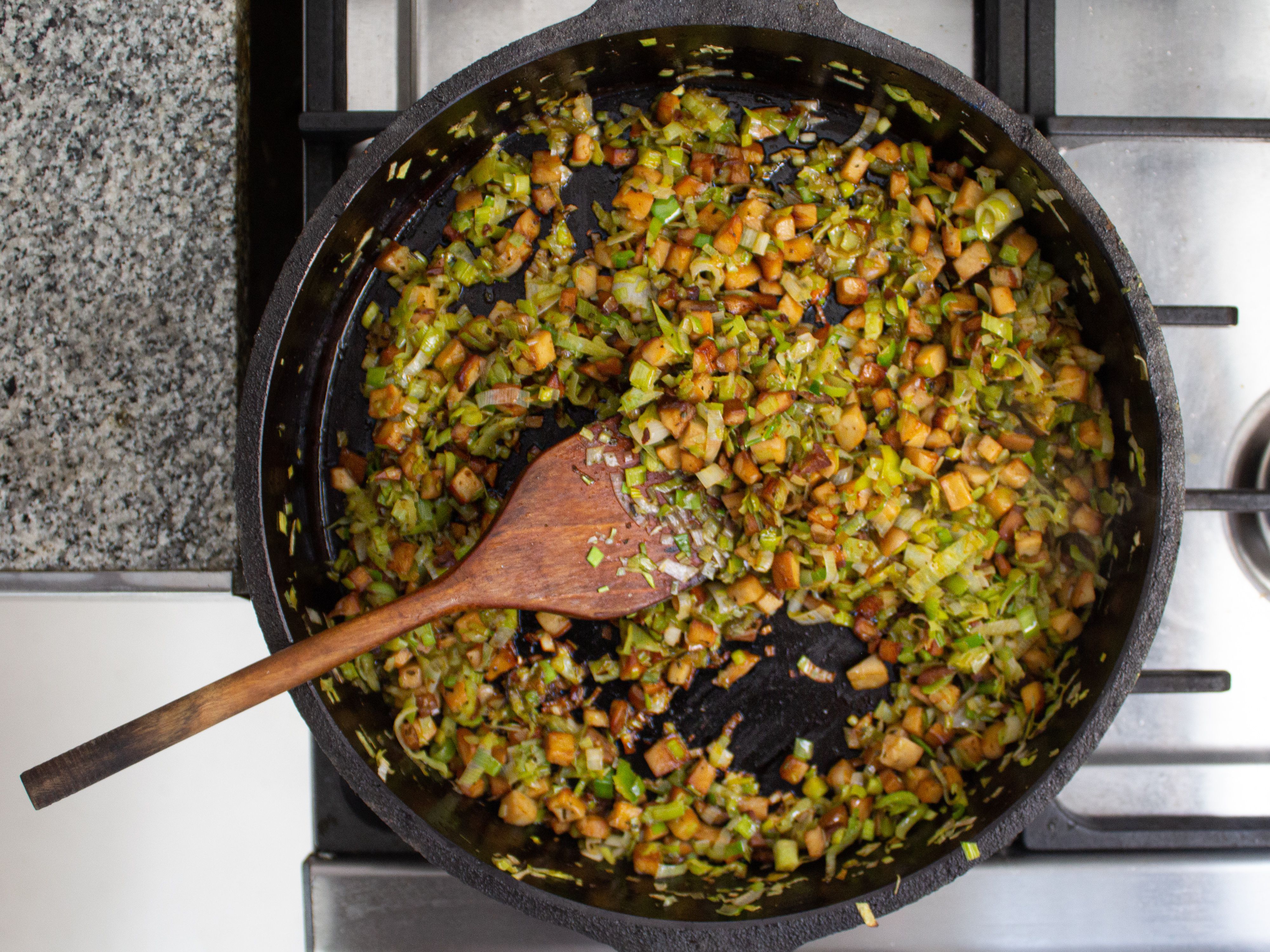 Overhead view of filling cooking