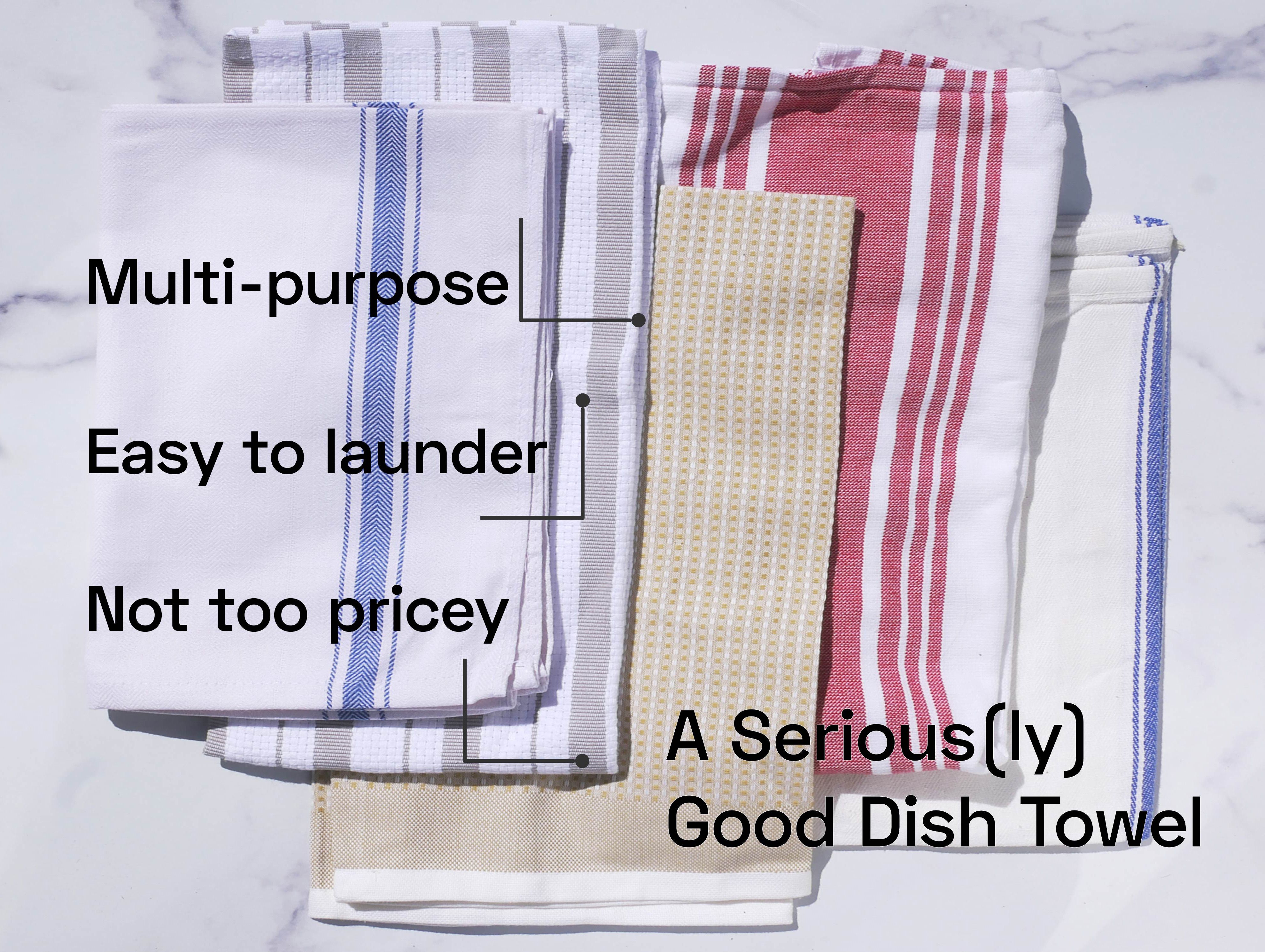 multiple dish towels with text points around it
