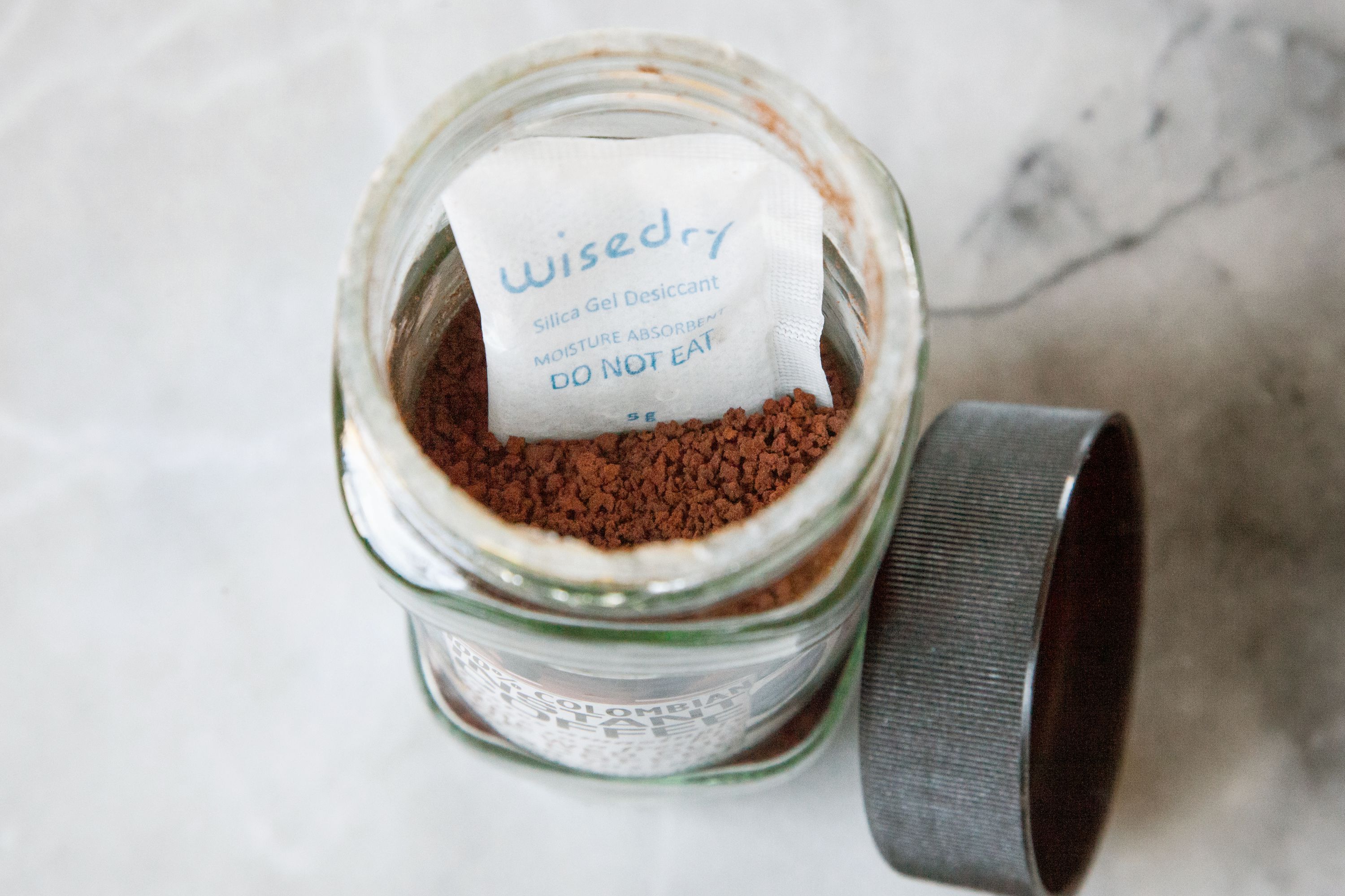 a desiccant pack in a jar of instant coffee