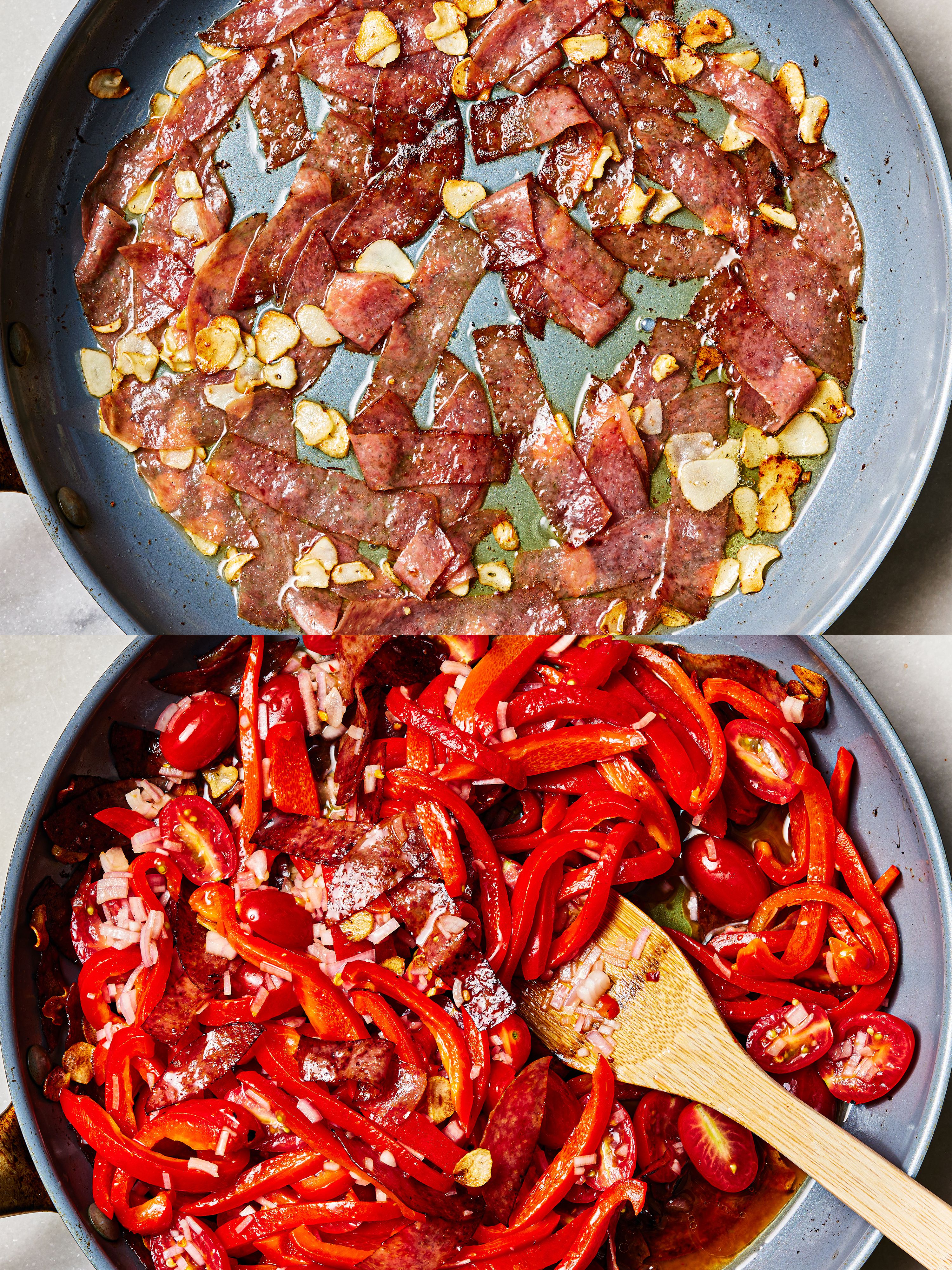 Two image collage of meat and garlic cooking in a pan and tomato-pepper mixture added to it