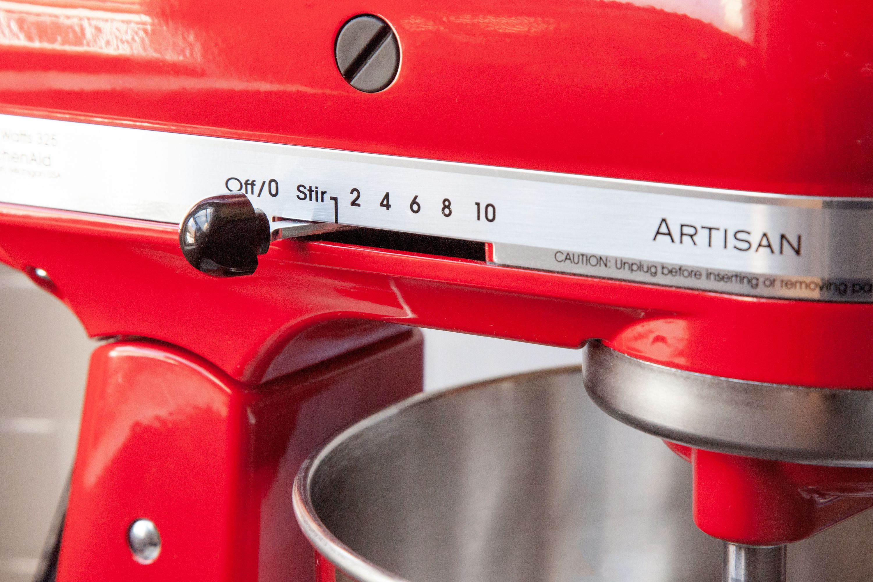 A closeup look at a stand mixer's control panel