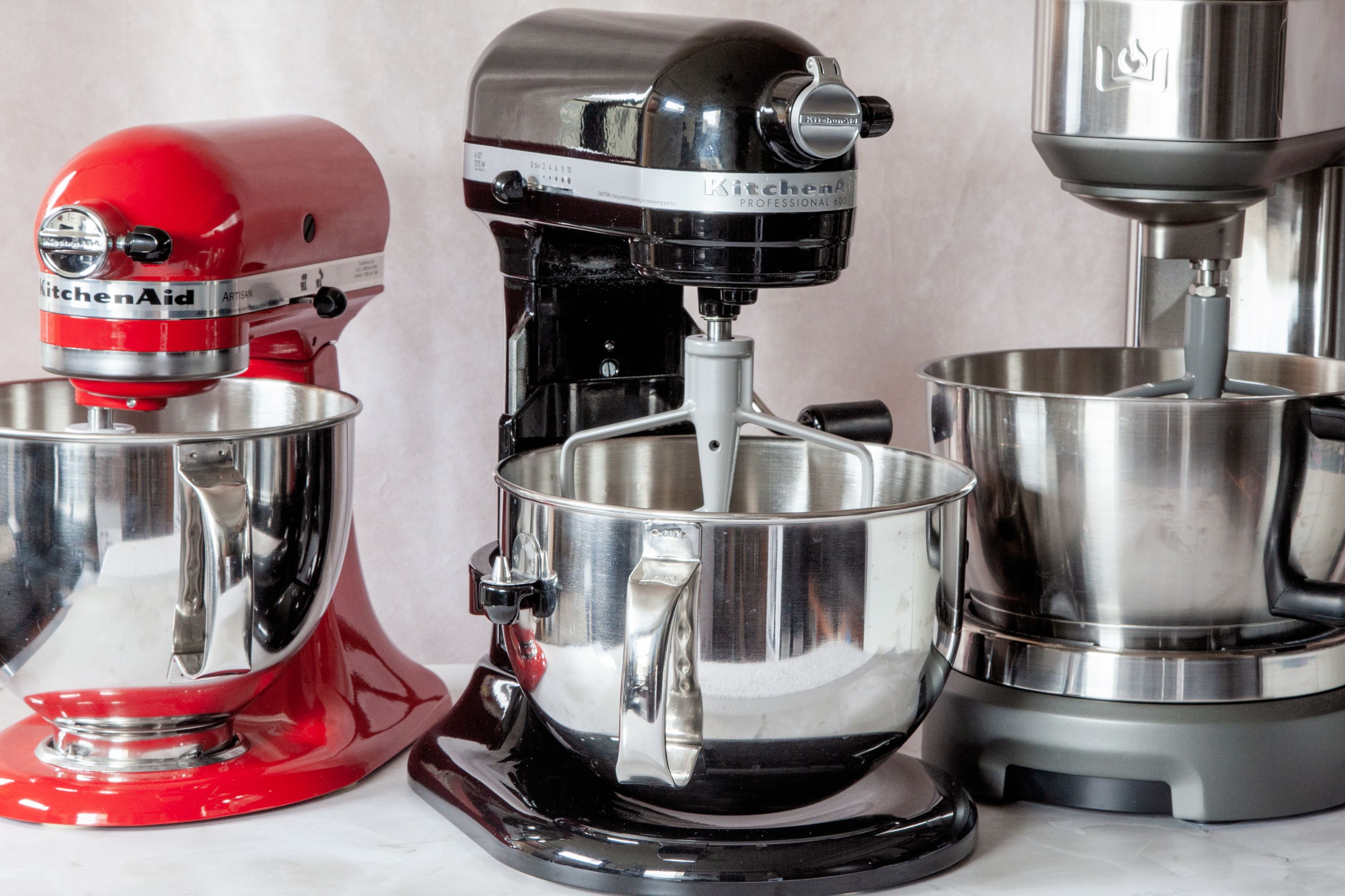 three stand mixers side-by-side