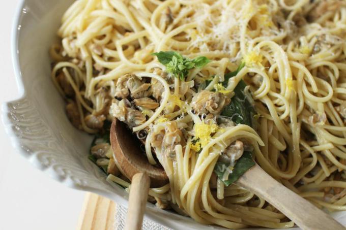 This April 20, 2015 photo shows a clam and linguine recipe in Concord, N.H.