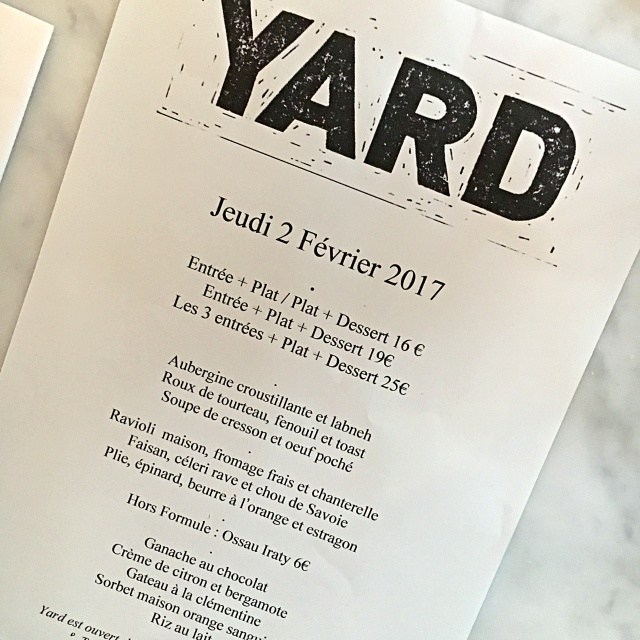 YARD restaurant Paris menu