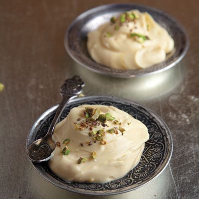 Pistachios, cardamom seeds, and saffron are mixed into yogurt to make this cool and creamy dessert. Get the recipe for <a href="https://www.saveur.com/article/Recipes/Shrikhand-Sweet-Yogurt-with-Saffron-and-Pistachios/">Sweetened Yogurt with Saffron and Pistachios (Shrikhand)</a>