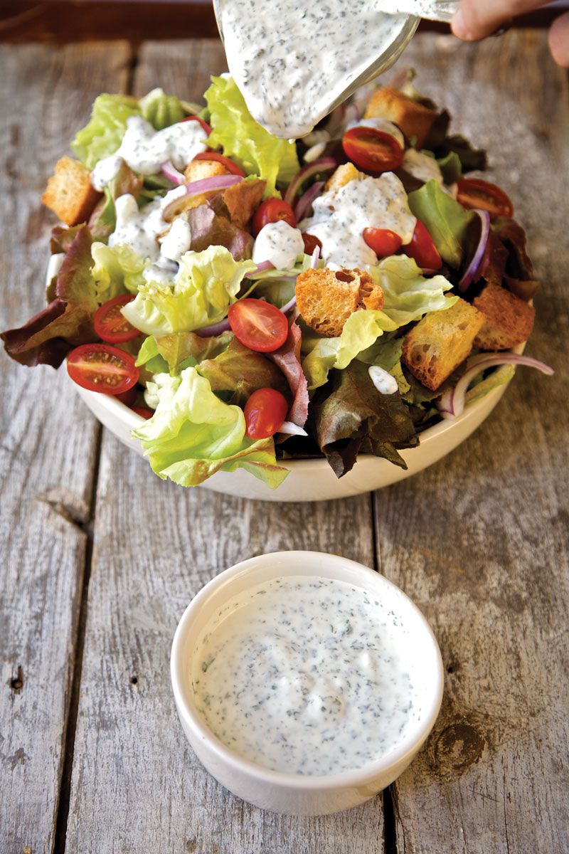 Light, tangy yogurt replaces rich mayonnaise in the herb-laced dressing for this salad. Get the recipe for <a href="https://www.saveur.com/article/recipes/red-leaf-salad-with-ranch-dressing/">Red Leaf Salad with Ranch Dressing</a>