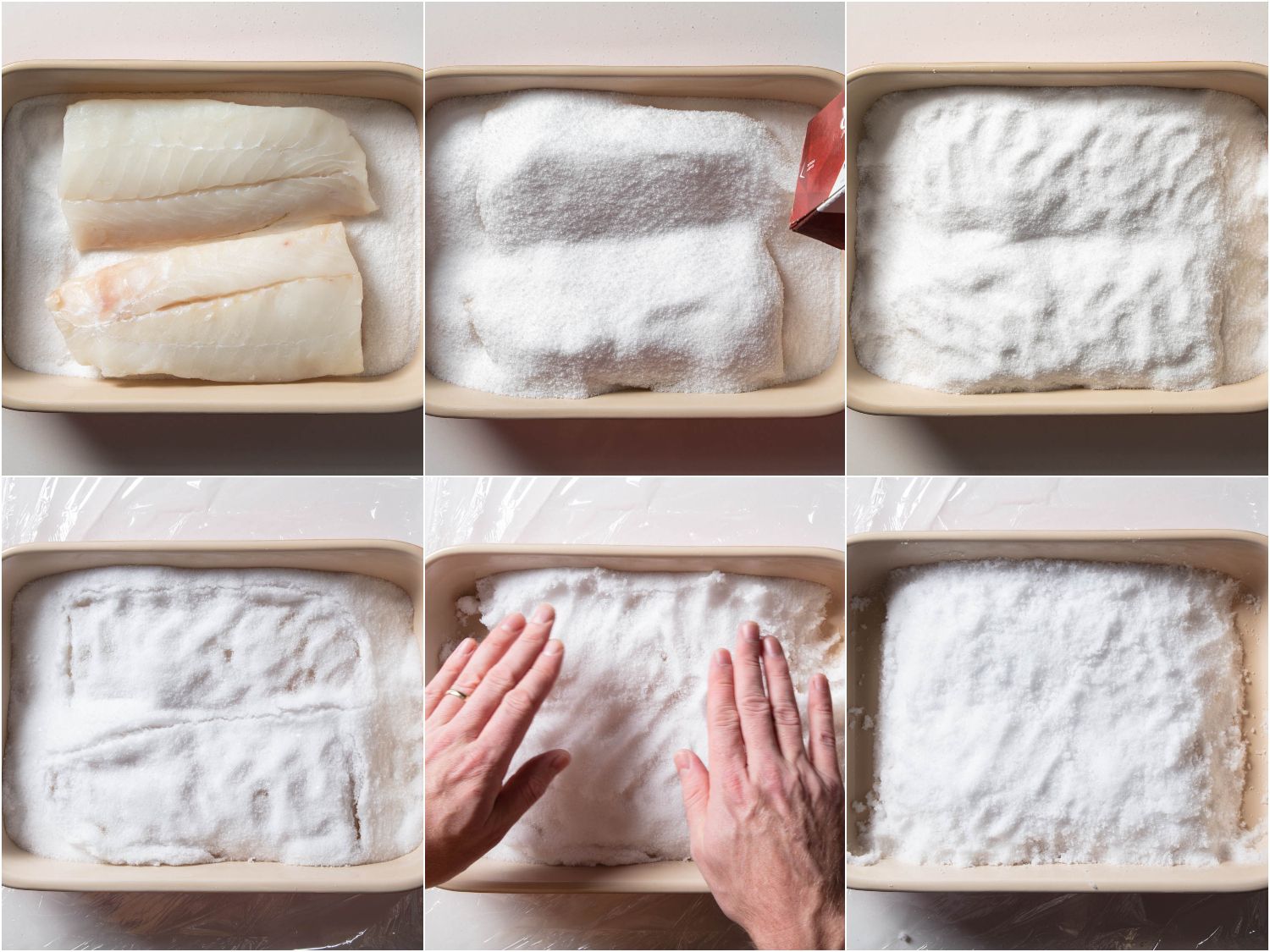 Making homemade salt cod by packing cod fillets in kosher salt