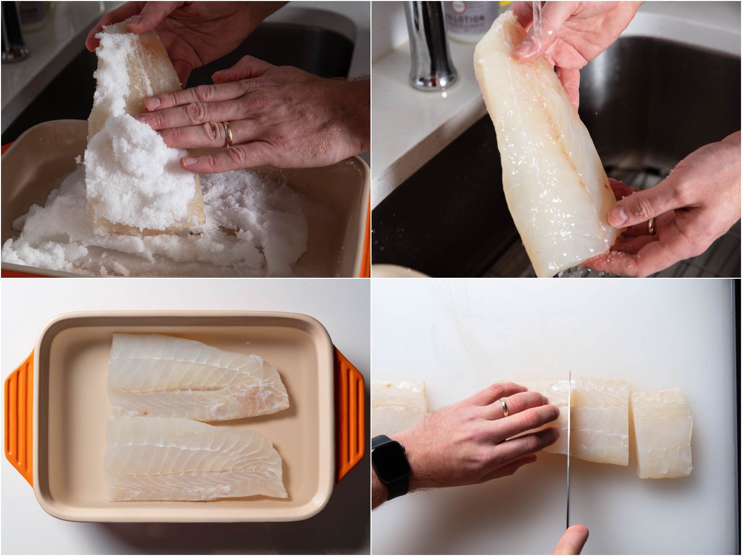 Rinsing and soaking homemade salt cod. 