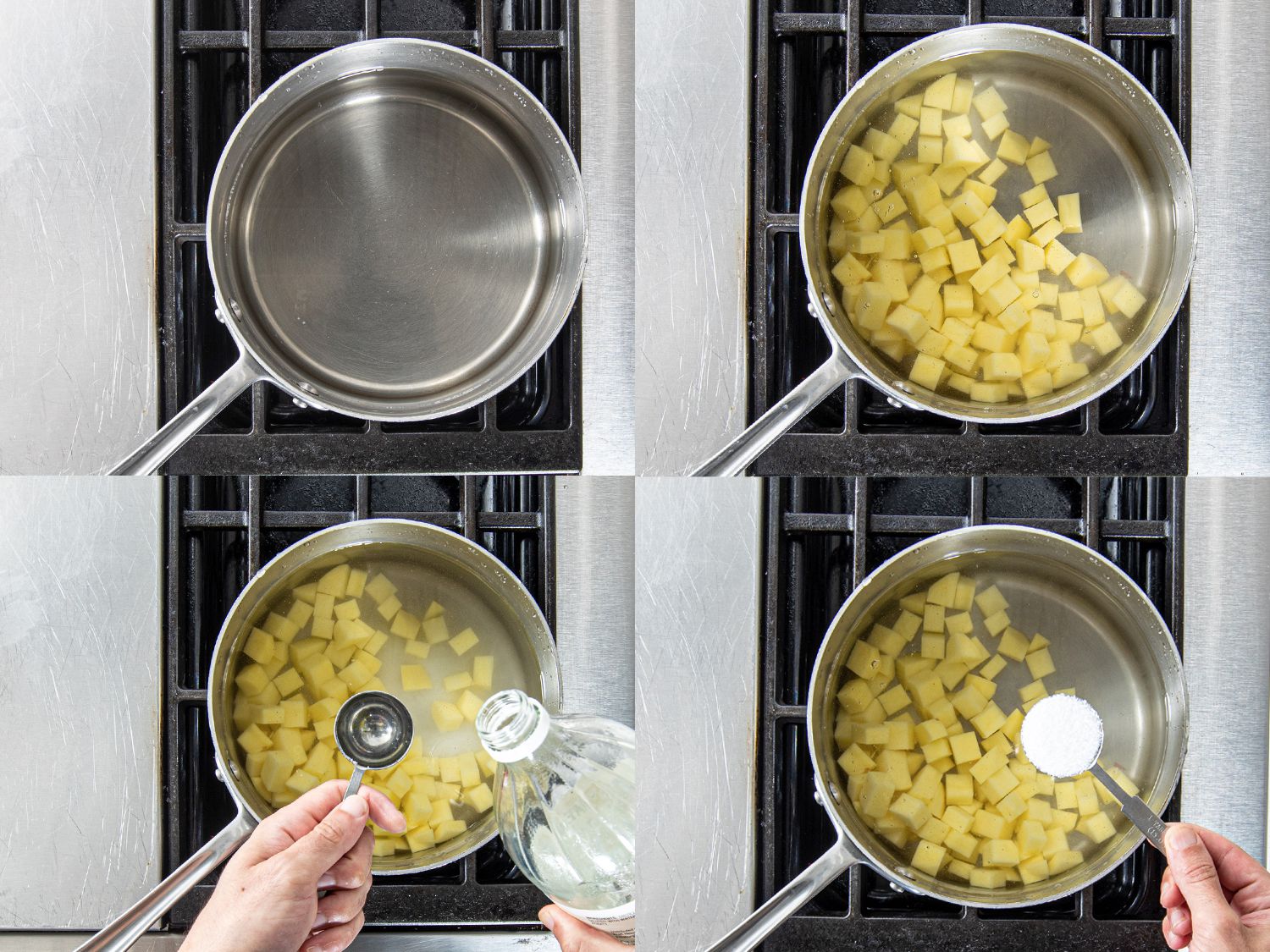 Four image collage. Top left: a pot with water on the stove . Top Right: potatoes added to pot with water. Bottom left: Vinegar being added to pot of potatoes. Bottom right: salt being added to pot