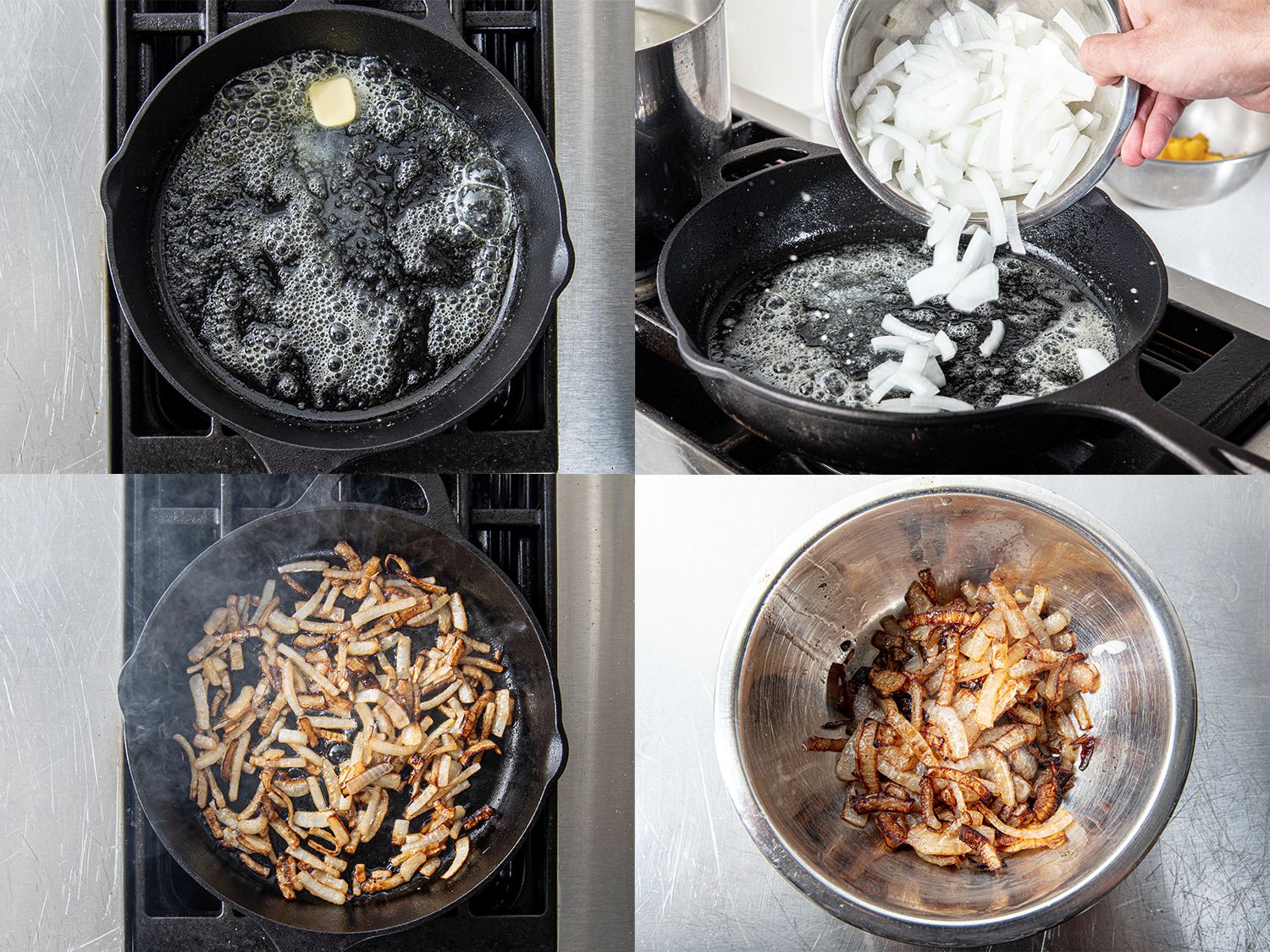 Four Image Collage. Top Left: Butter melting in a cast iron skillet. Top Right: Onions being added to cast iron skillet. Bottom left: Onions browning in cast iron skillet. Bottom right: onions in a metal bowl