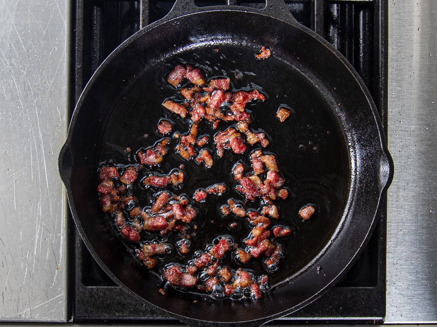 Corned beef fat crisped in cast iron skillet