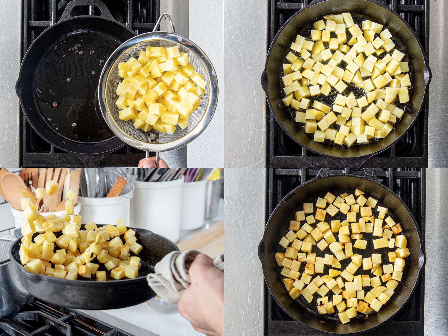 Four Image Collage. Top Left: Cooked Potatoes being added to cast iron skillet. Top Right: Potatoes cooking in cast iron skillet. Bottom Left: flipping potatoes like you'd flip a pancake. Bottom Right: Browned potatoes in cast iron skillet.
