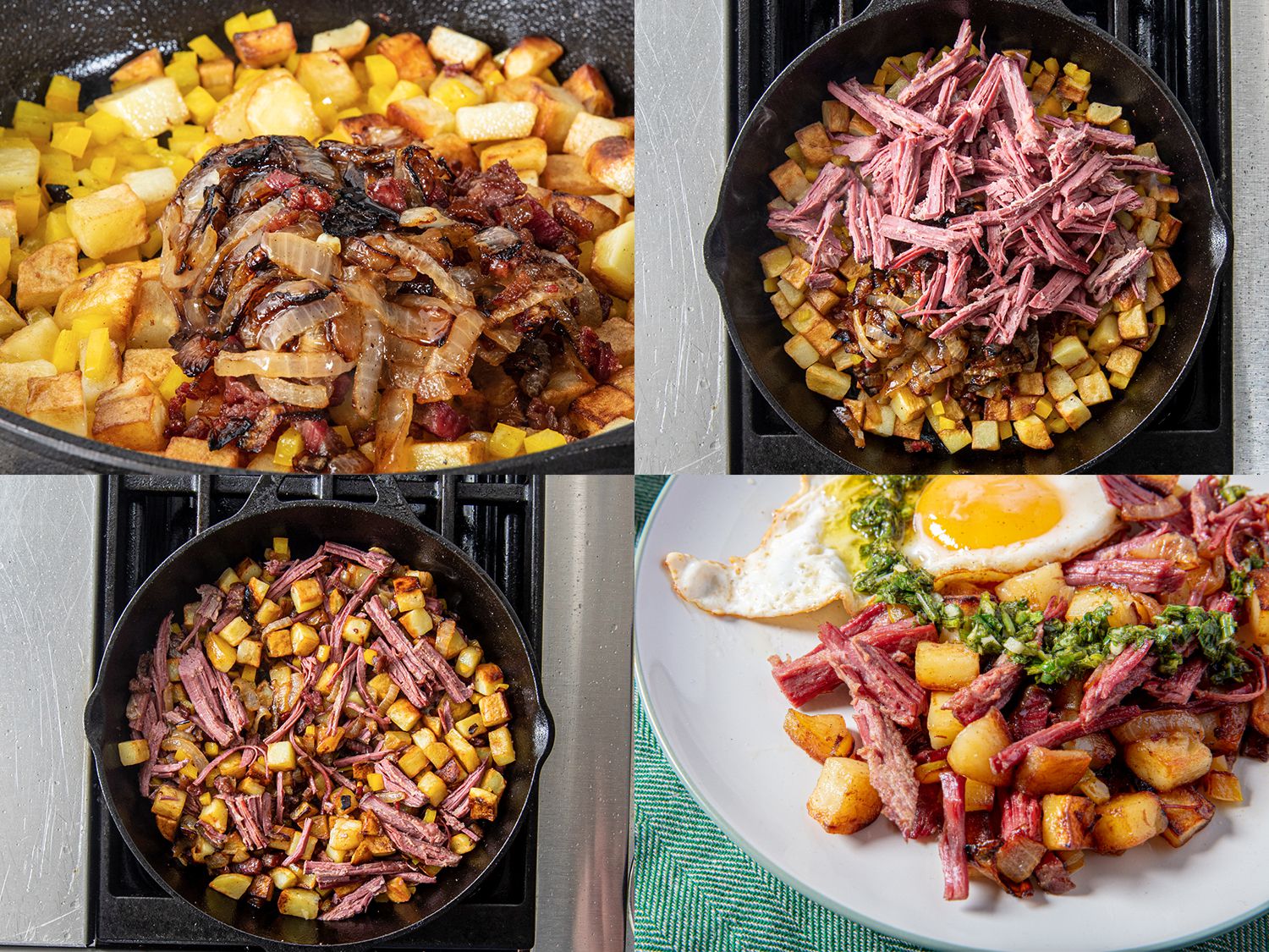 Four Image Collage. Top Left: Close up of cooked onions added to a pan. Top Right: Corned beef added to potatoes. Bottom Left: Corned Beef cooking down in cast iron skillet. Bottom Right: Plated corned beef hash with a fried egg and chimichurri