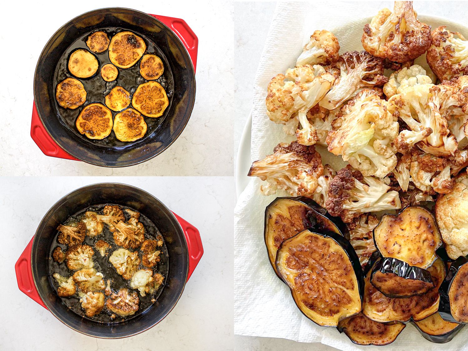 Three Image Collage. On the left: top image is eggplant being fried in a dutch oven, on the bottom is cauliflower being fried in a dutch oven. On the right is a vertical image of fried eggplant and cauliflower on a paper towel lined sheet