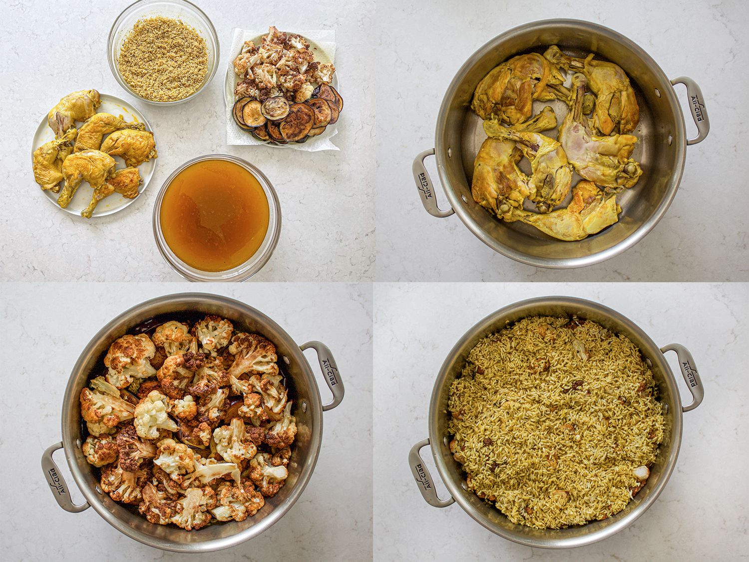 Four Image Collage. Clockwise from upper left: ingredients (chicken on a plate, rice in a bowl, fried vegetables, and broth) arranged neatly; Chicken layered in the pot; fried vegetables layered on top of the chicken in a pot; rice layered on top of vegetables and chicken in a pot.