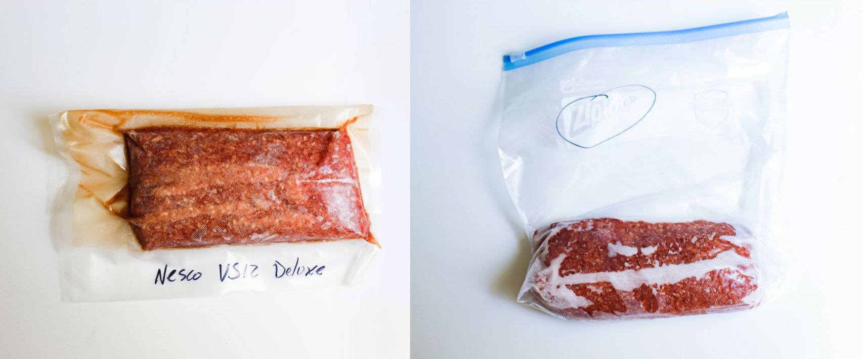 Ground beef sealed with a vacuum sealer vs. a ZipLoc bag