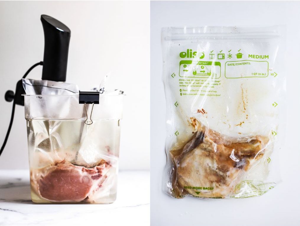 pork chops in a sous vide bath and a pork chop cooked