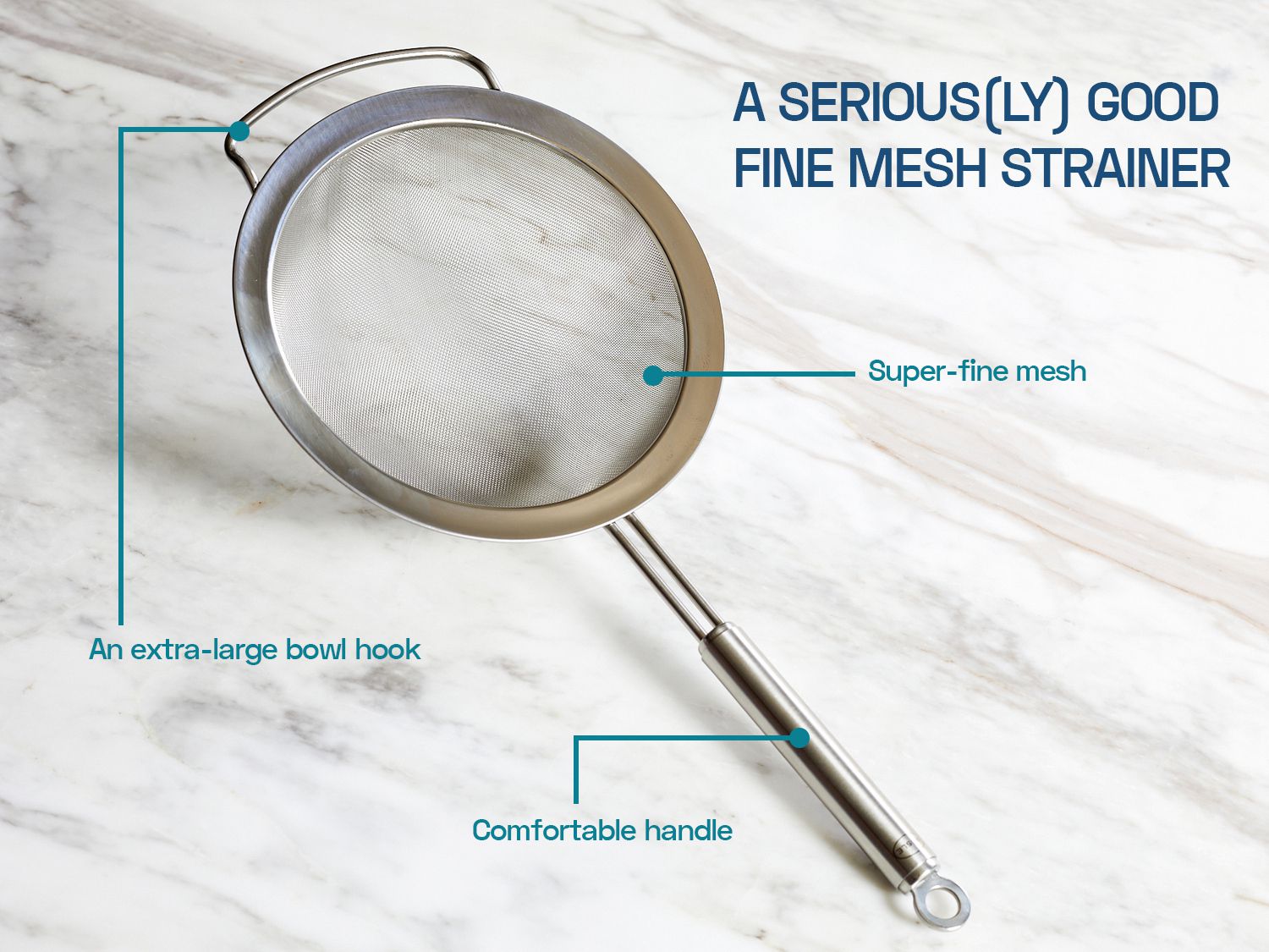 A fine mesh strainer on a marble surface with text points around it