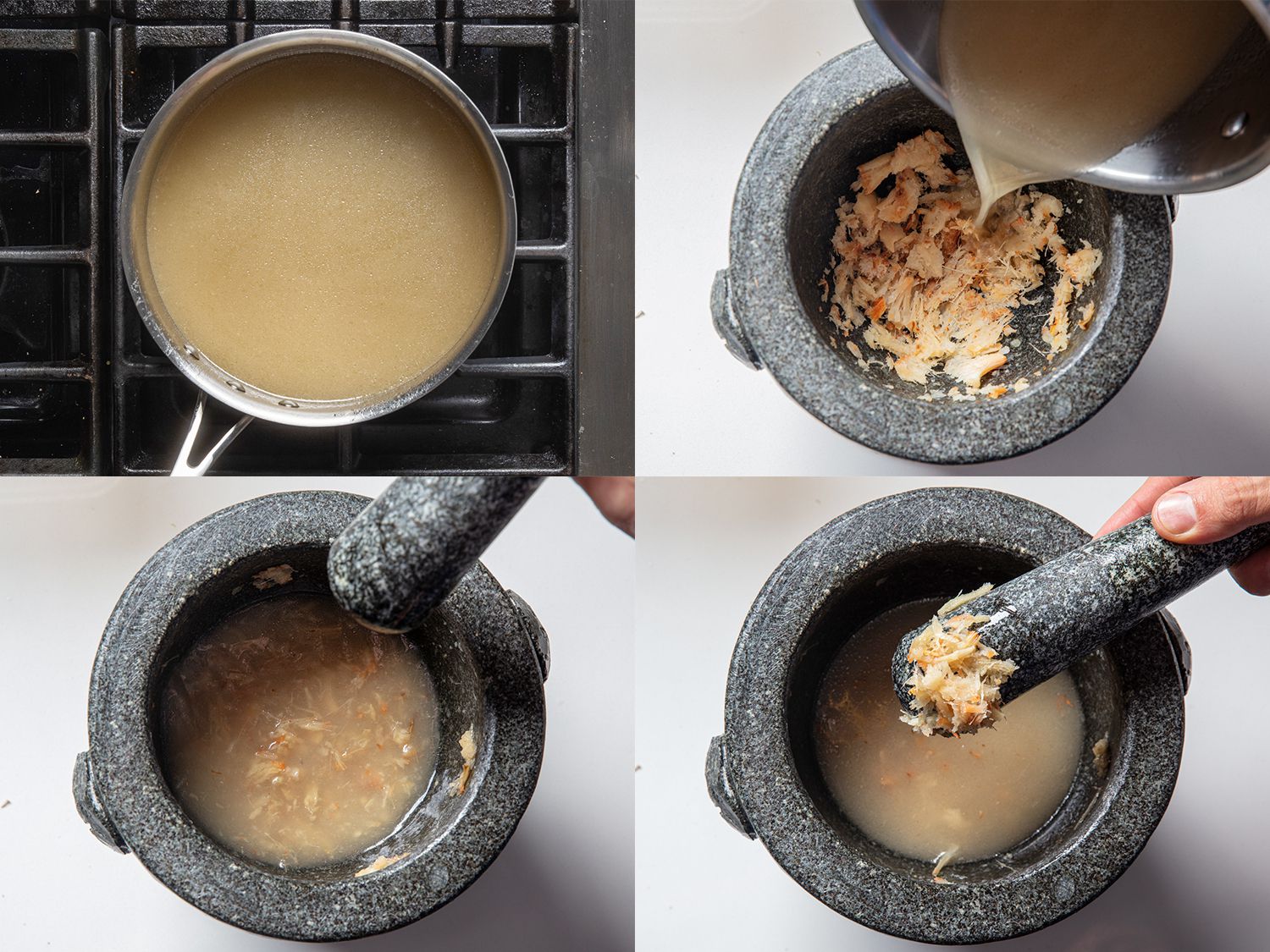 making galangal stock in the mortar and pestle