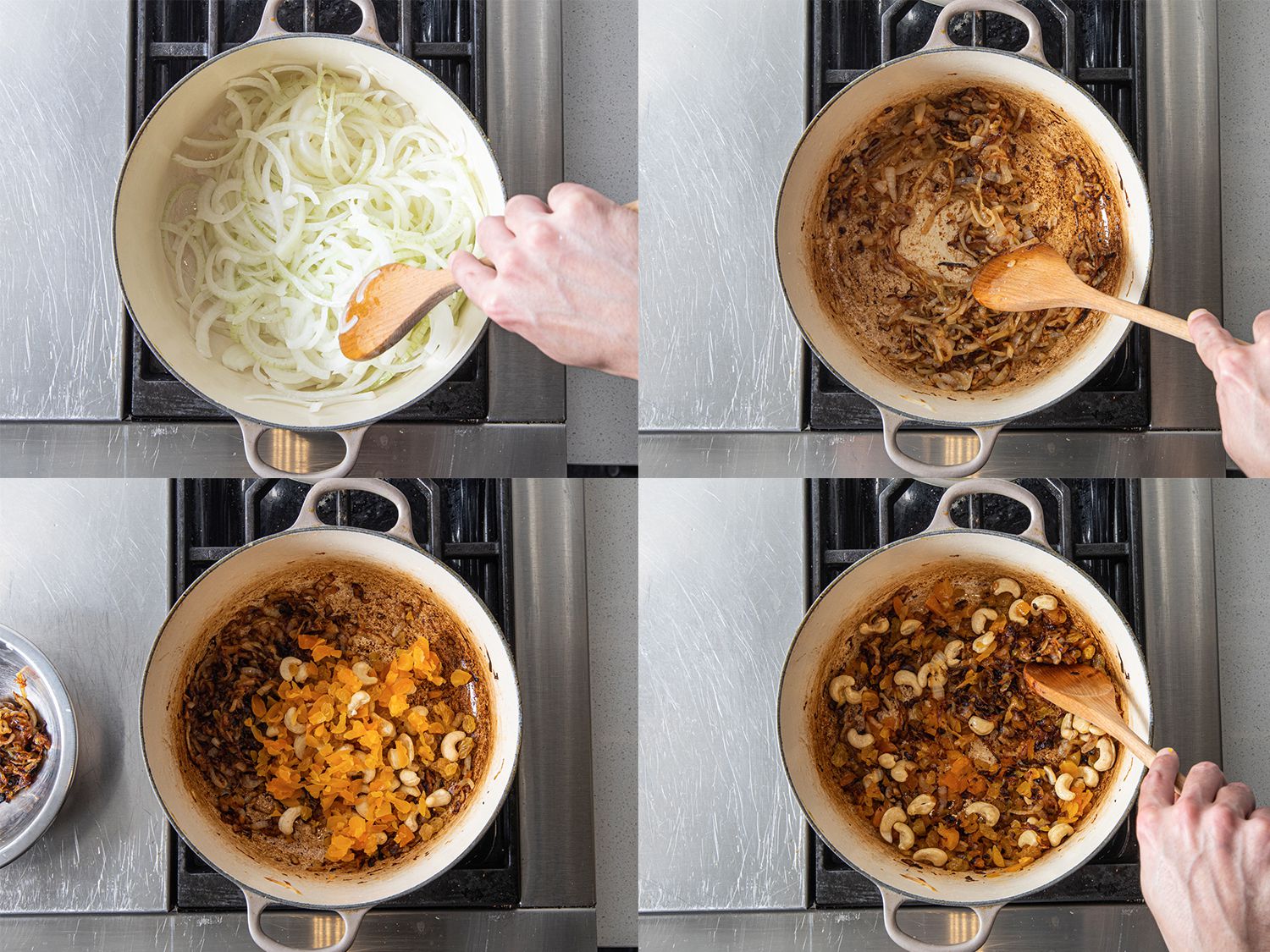 Four image collage. Overhead view of dutch oven on stove top, clockwise from top left: onions added to dutch over; stirring browned onions; apricots and cashews added; tossed mixture being stirred. 