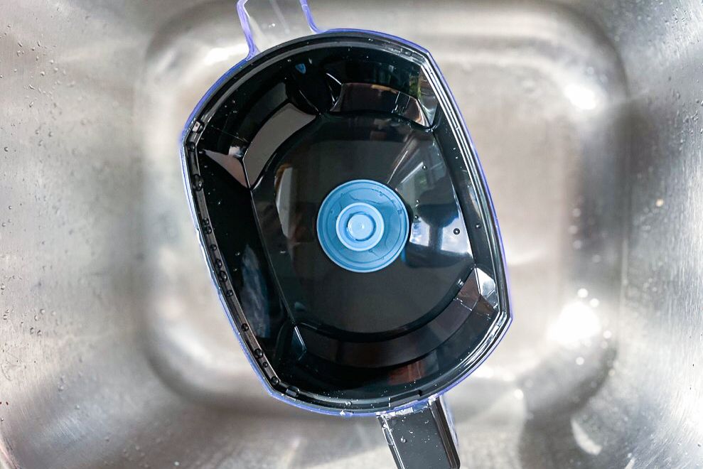 The Brita filter and pitcher in a sink as seen from overhead