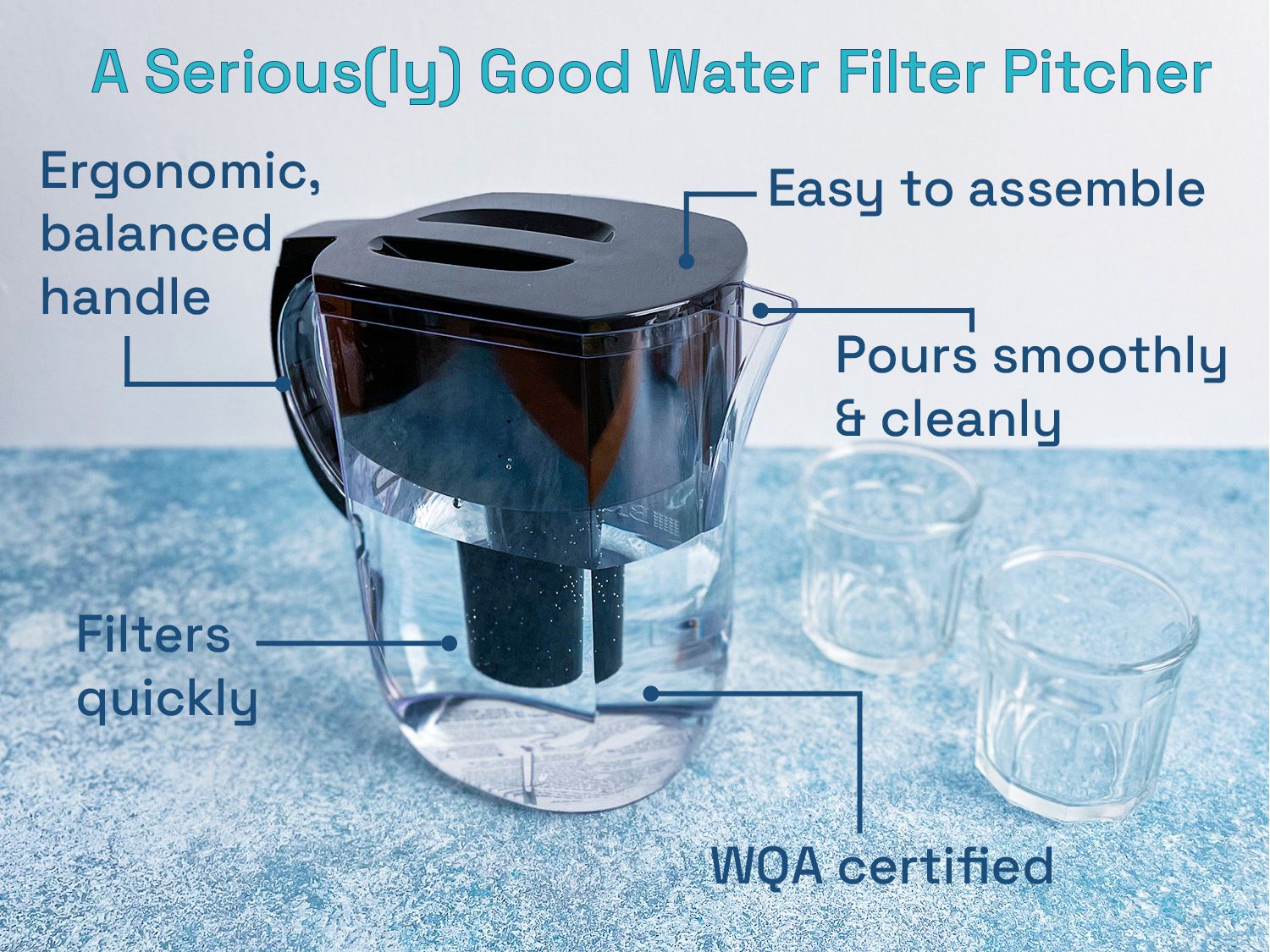 Brita water filter pitcher: Filters quickly, WQA certified, easy to assemble, ergonomic, balanced handle, and pours smoothly and cleanly.