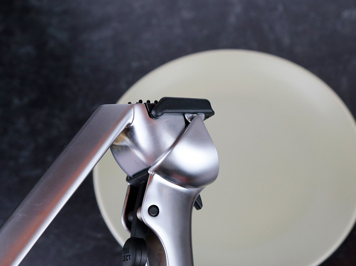 a close up of the hinge of a garlic press 