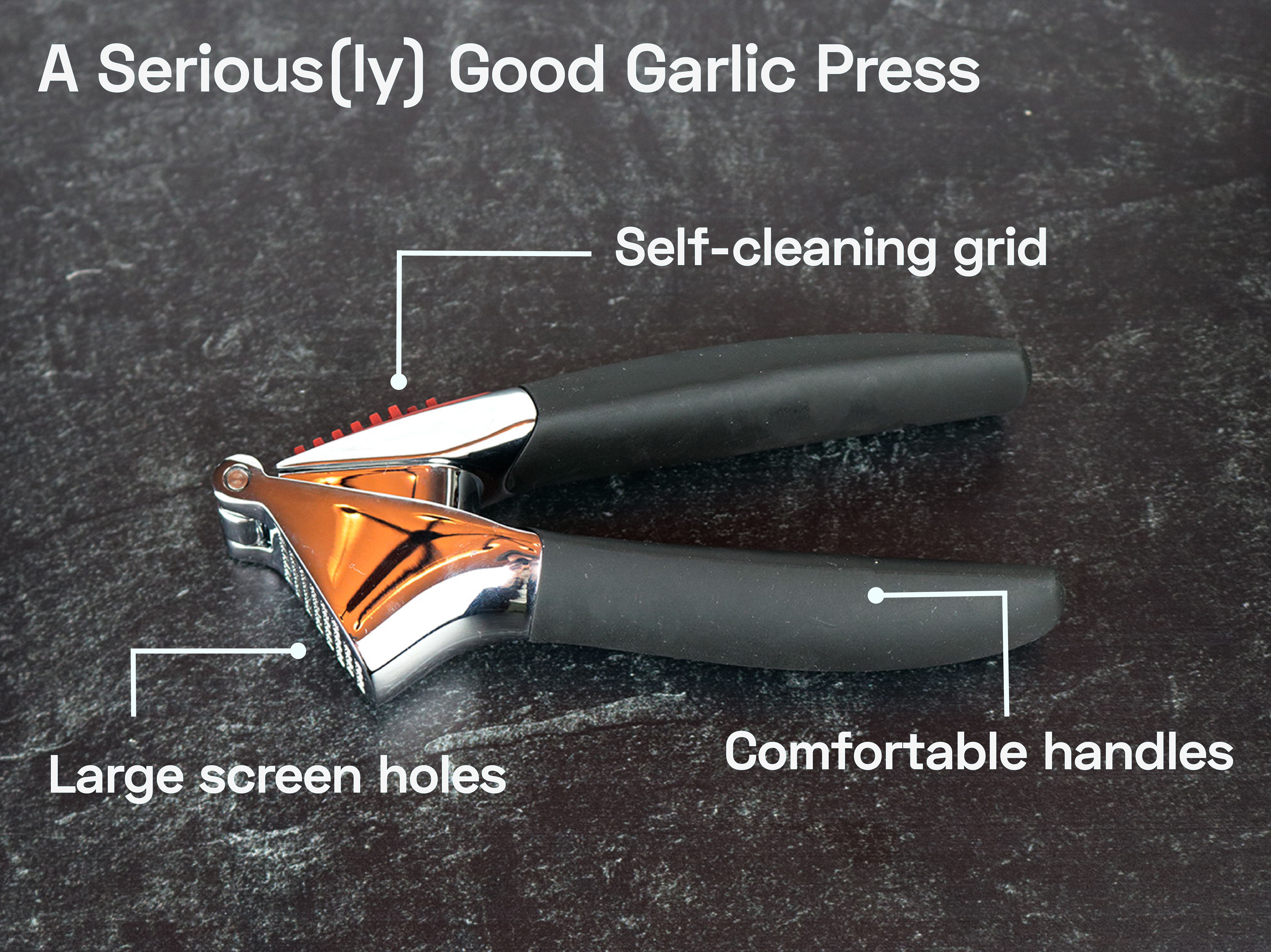 A graphic showing off the parts that make a great garlic press
