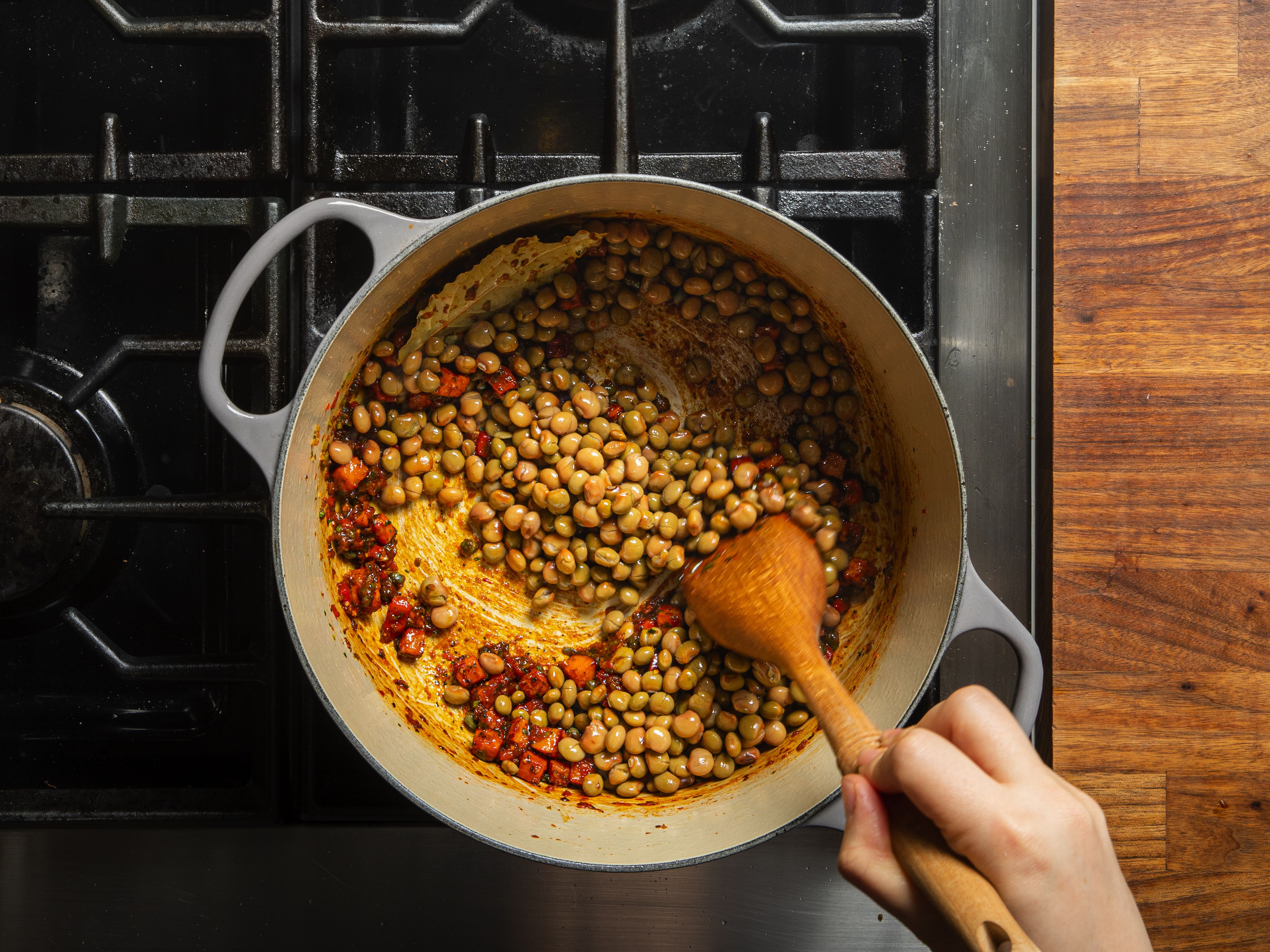 Peas added to pot