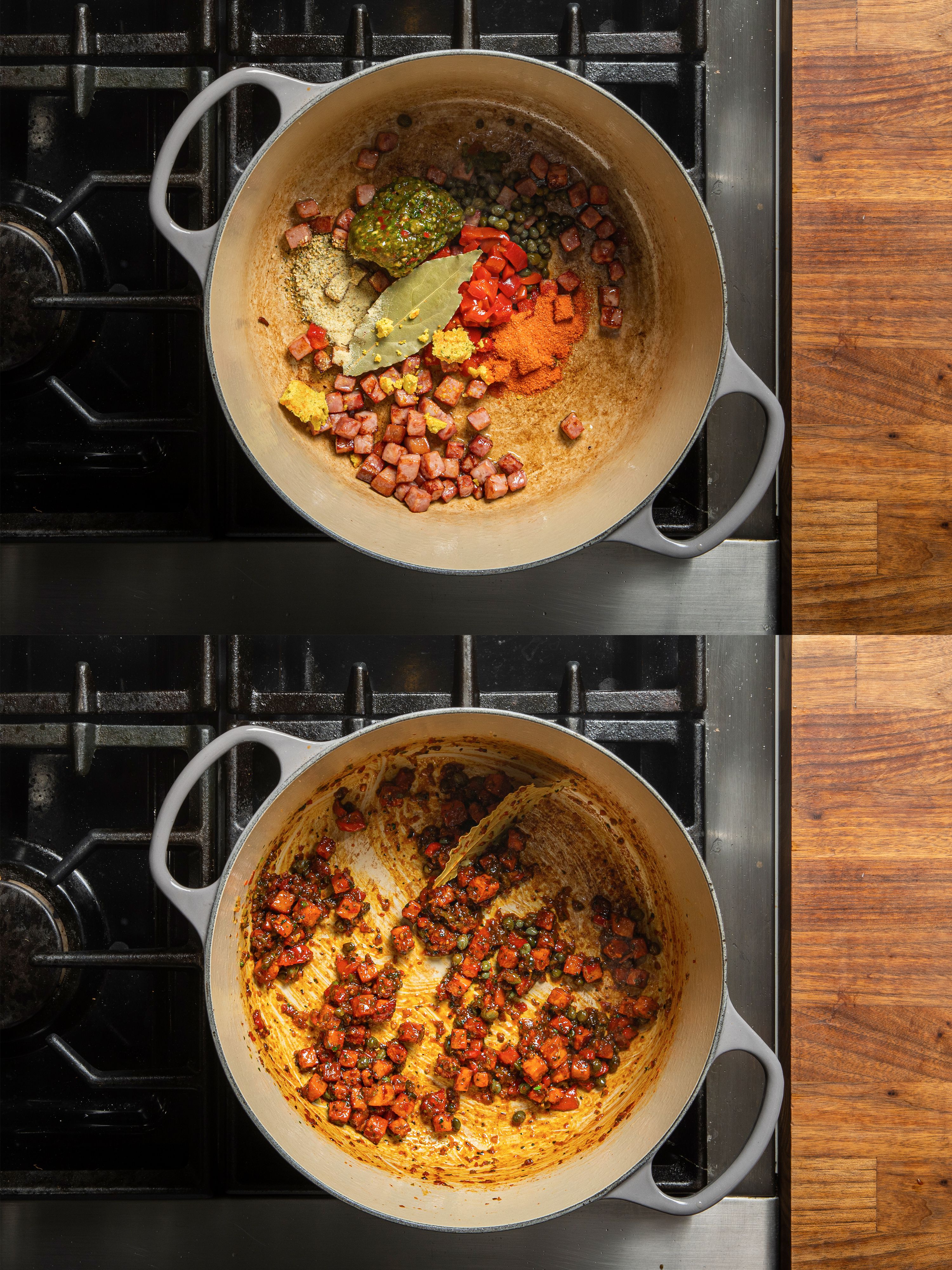 Two image collage of seasoning added to the ham, before and after being mixed