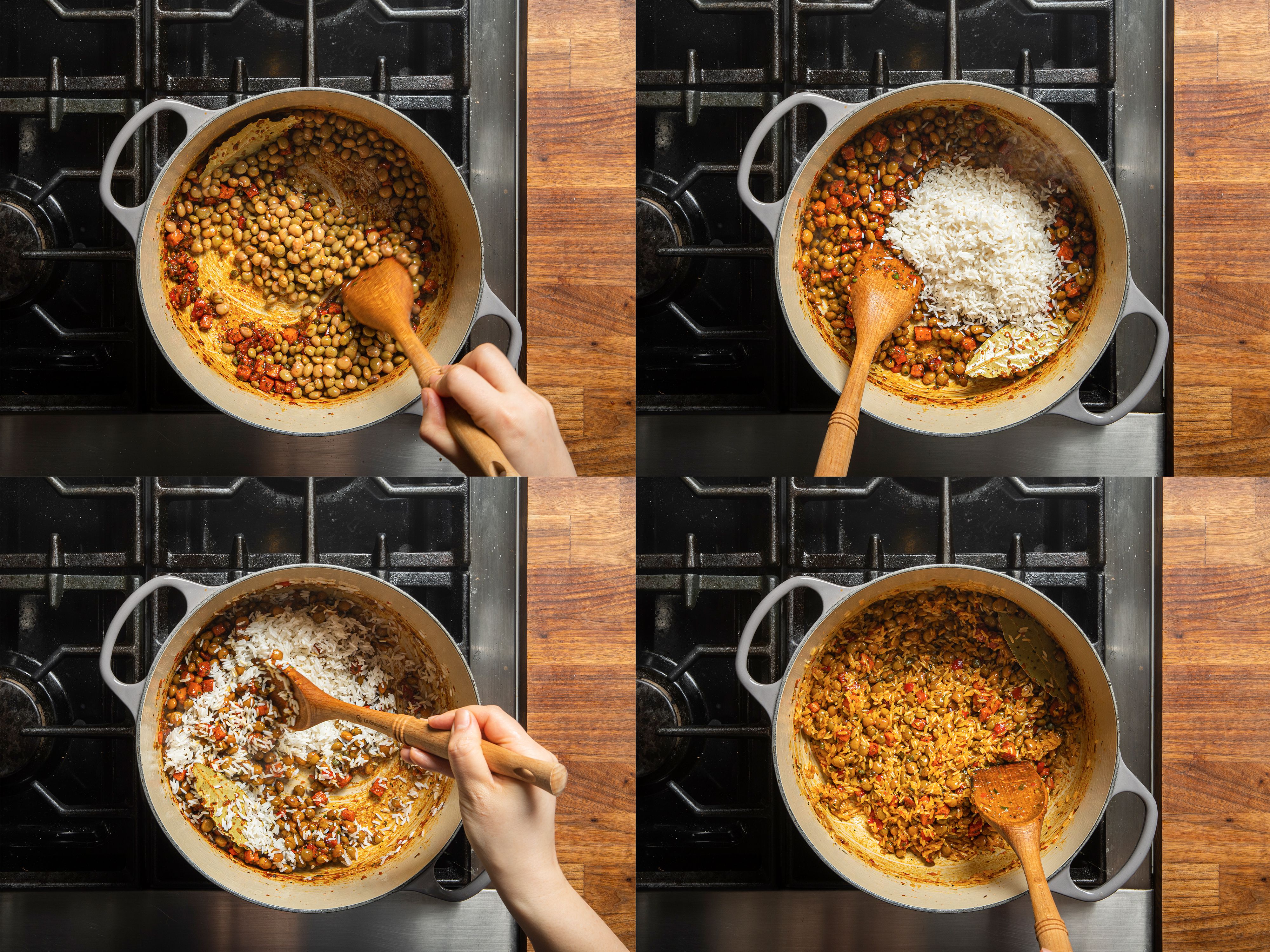 Four image collage of over head view of adding peas and rice to ham and stirring to fully combine